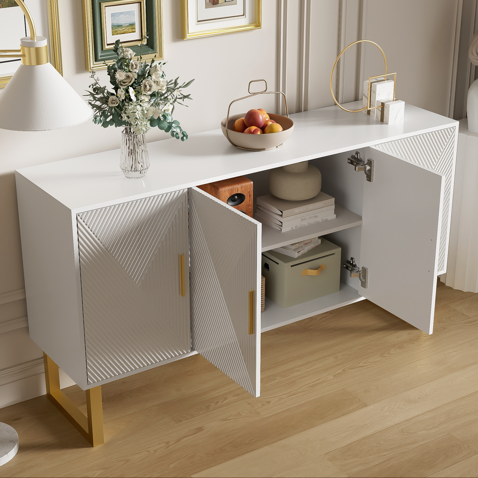 Sideboard, 150cm Modern Luxurious 4-Door with Adjustable Shelves, White High-Gloss