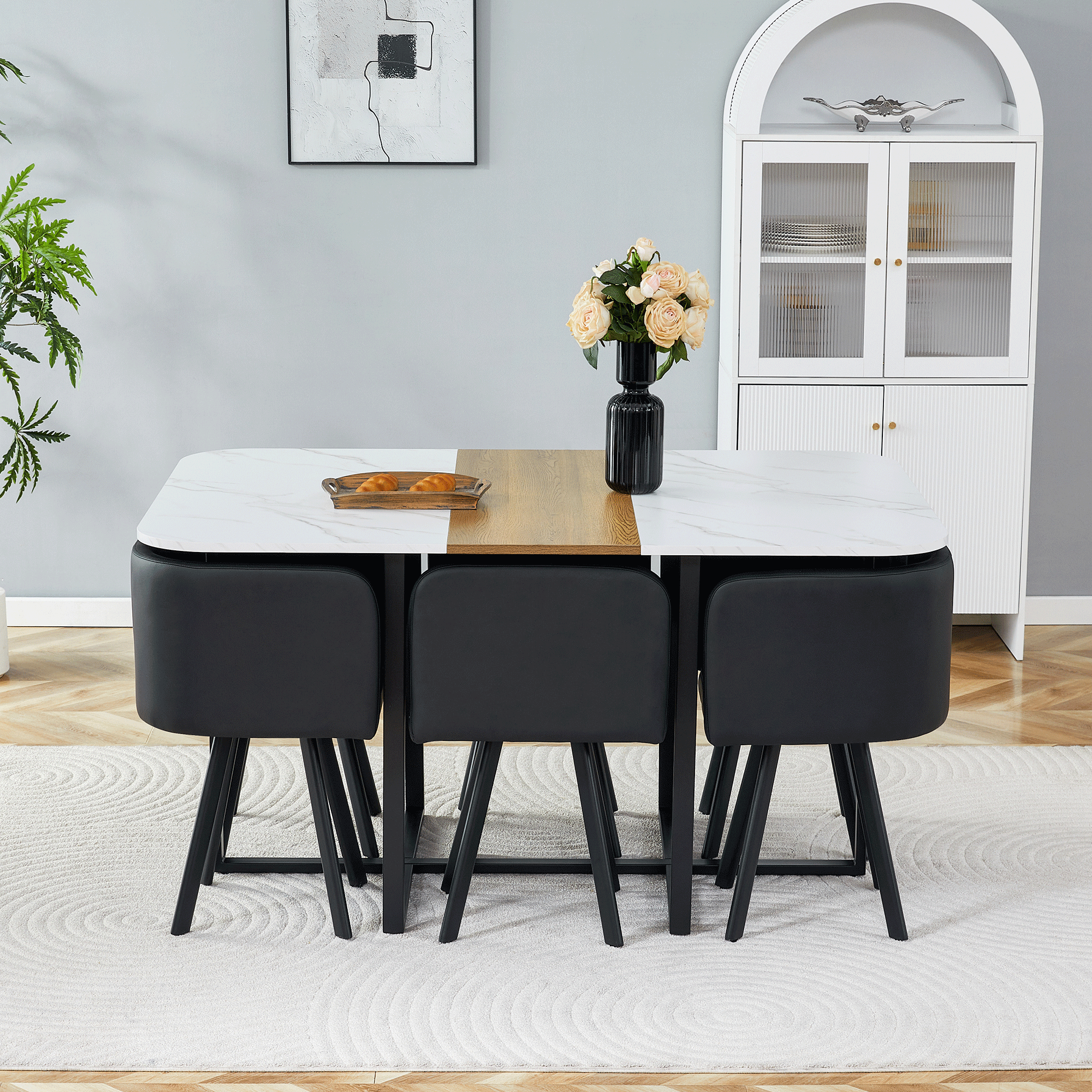 Dining Set Extendable Table & Folding Chairs - White/Black