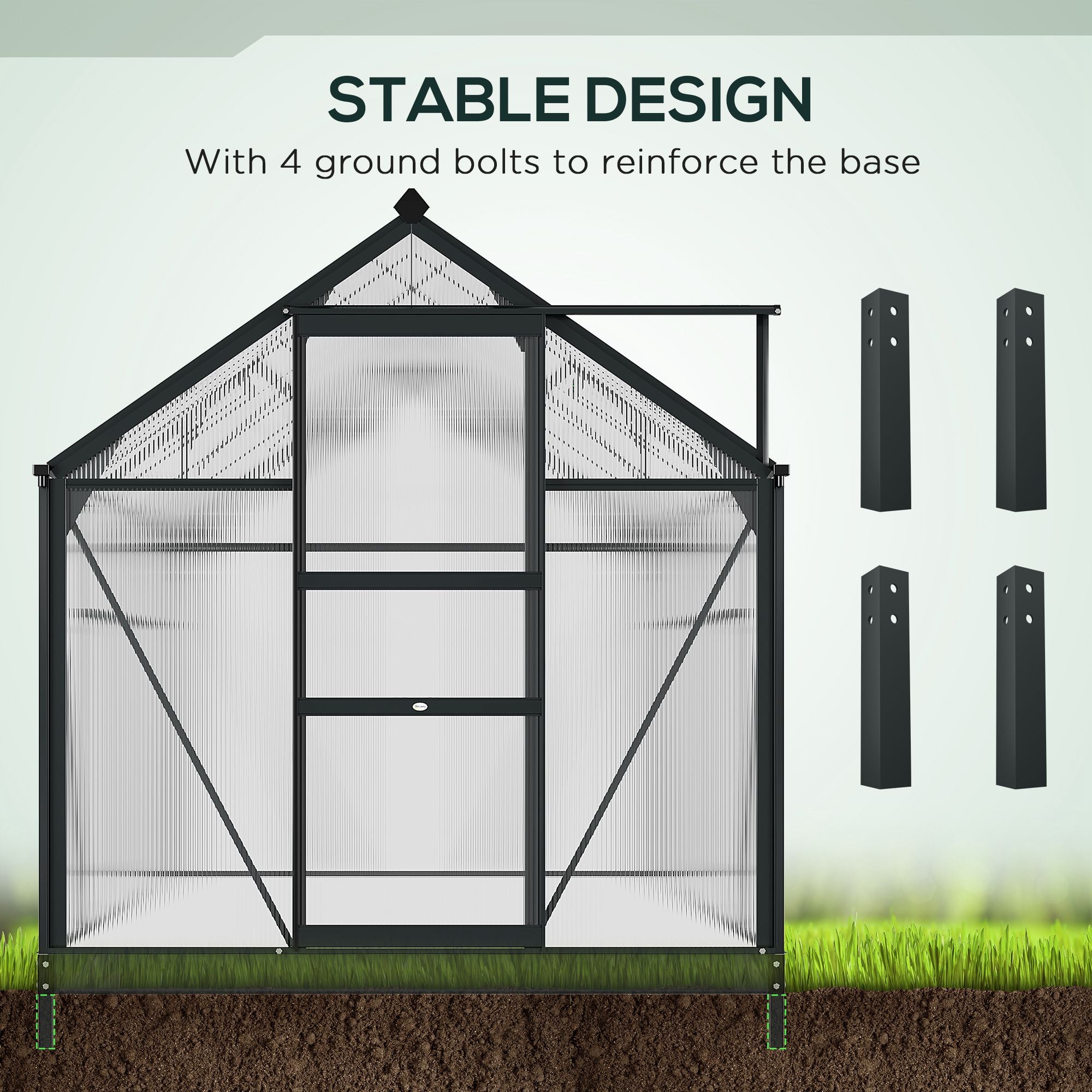 6 x 10ft Polycarbonate Greenhouse, Walk-In with Slide Door and Window, Aluminium Frame, Grey