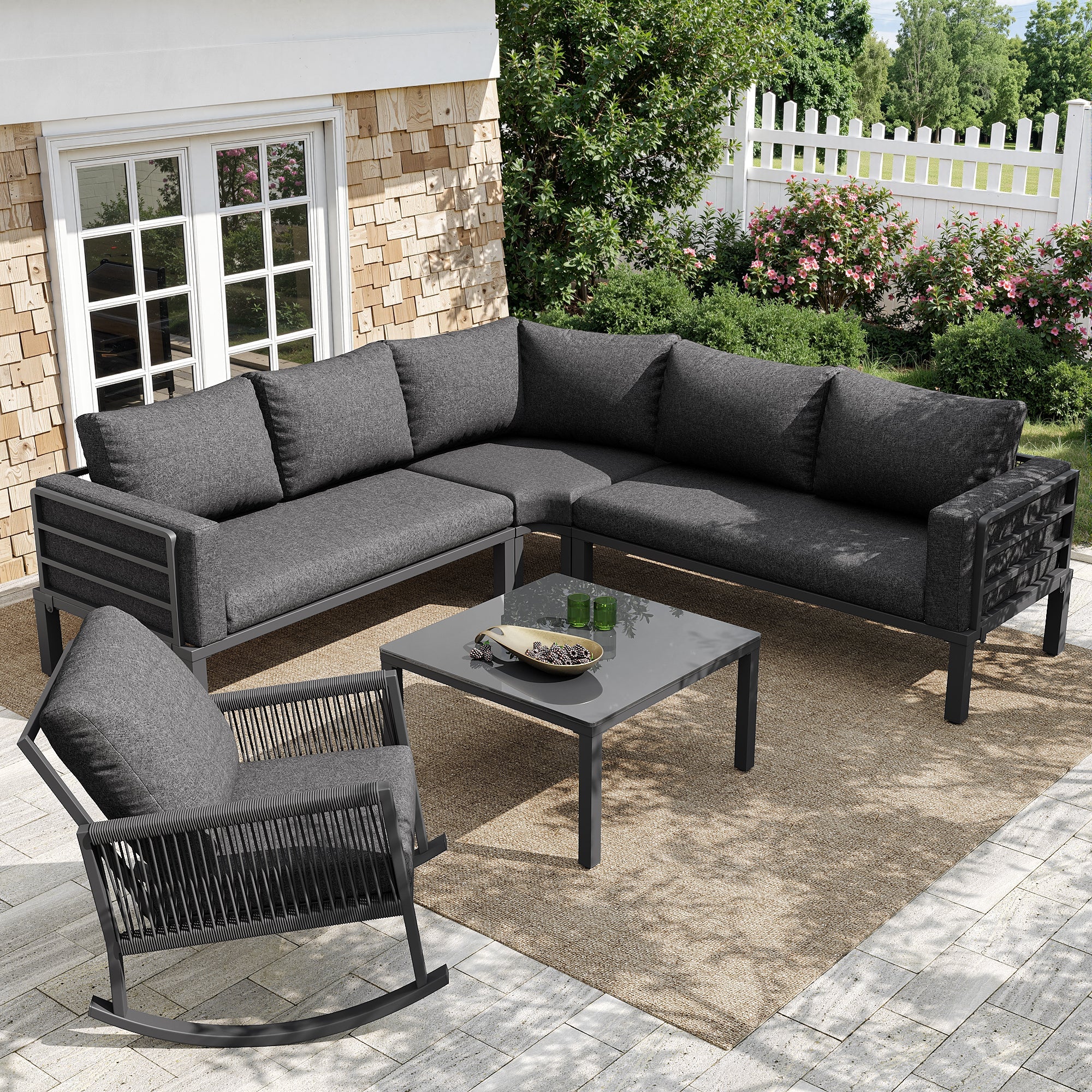 Modular Garden Furniture Set with Corner Sofa, Rocking Chair and Glass Table, Metal Frame and Rope Weave