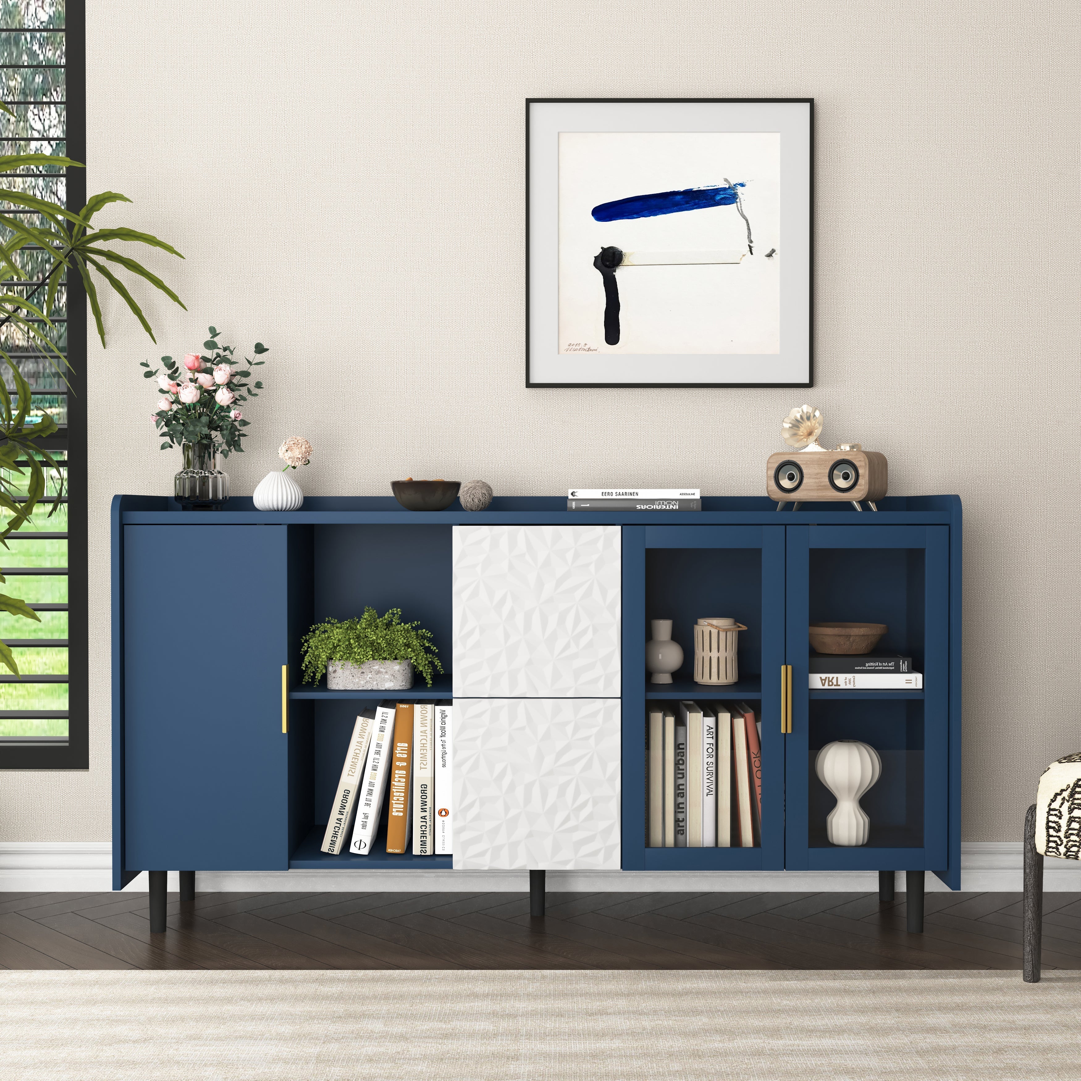 Pantry Cabinet 55-inch 2 Drawers 2 Glass Doors - Blue