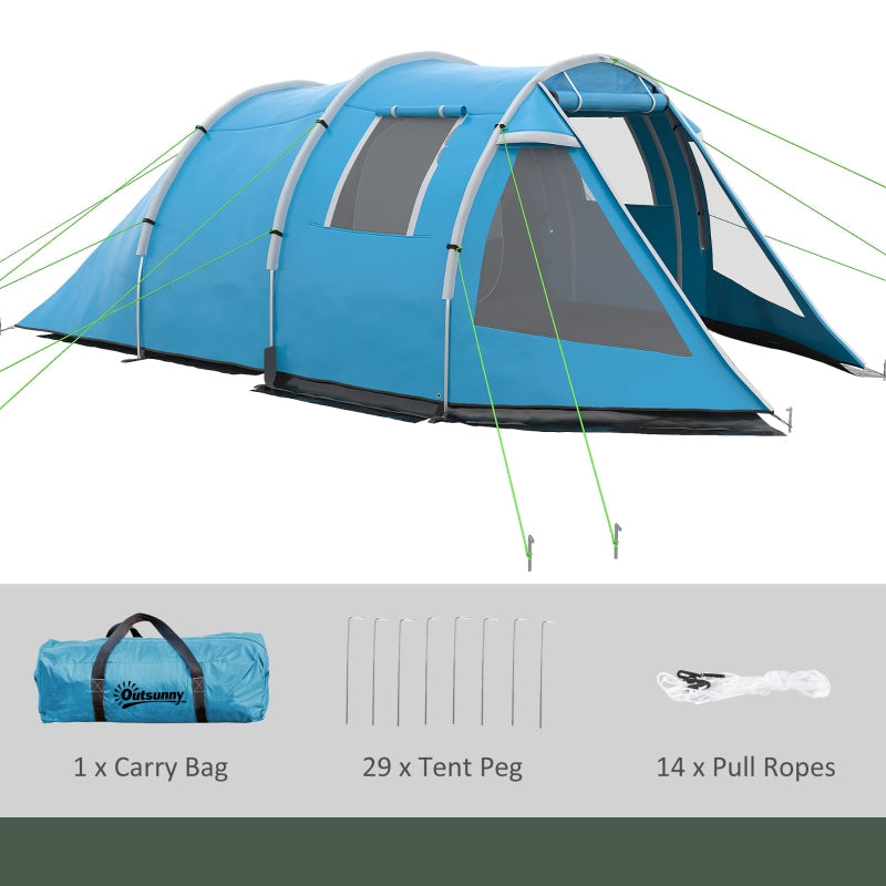 3-4 Man Tunnel Tent, Two Room Camping Tent with Windows, Portable Carry Bag - Blue