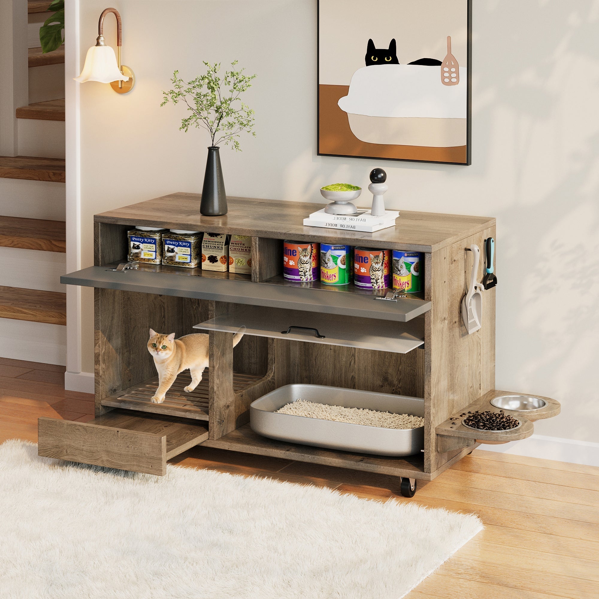 Movable Cat Litter Box Cabinet Food Bowls Sand Tray Pegboard 100x45.5x67cm - Oak
