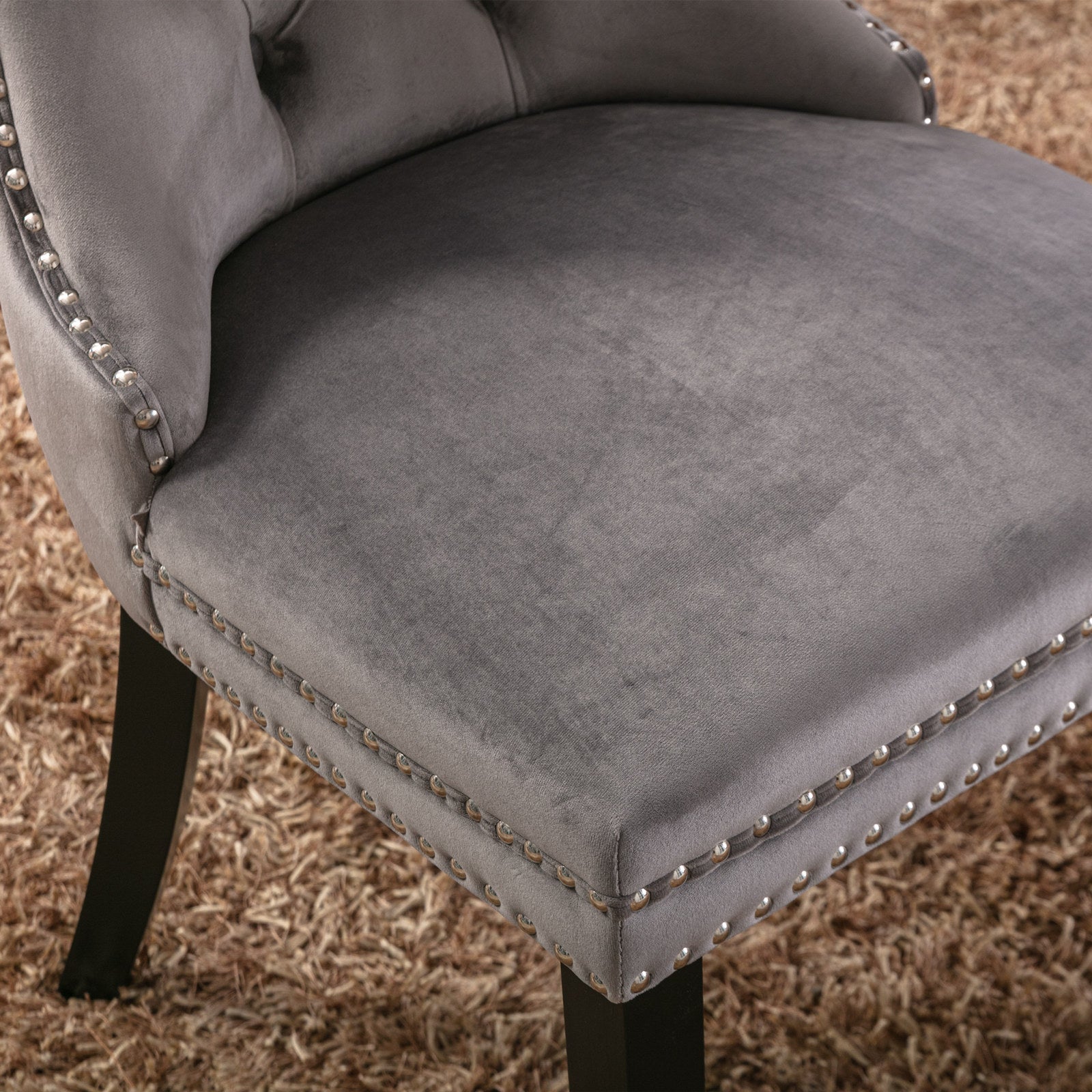 Nikki Collection Dining Chair Set 2-Pcs Tufted Upholstered Solid Wood Legs Grey Velvet