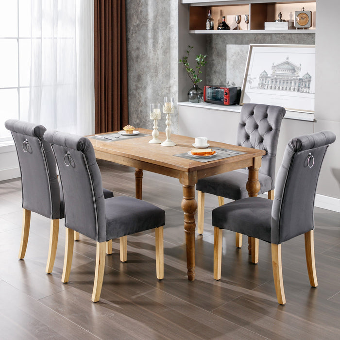 Velvet Dining Chairs Set of 4 with Oak Legs, Button Back and Chrome Knocker, Grey Velvet