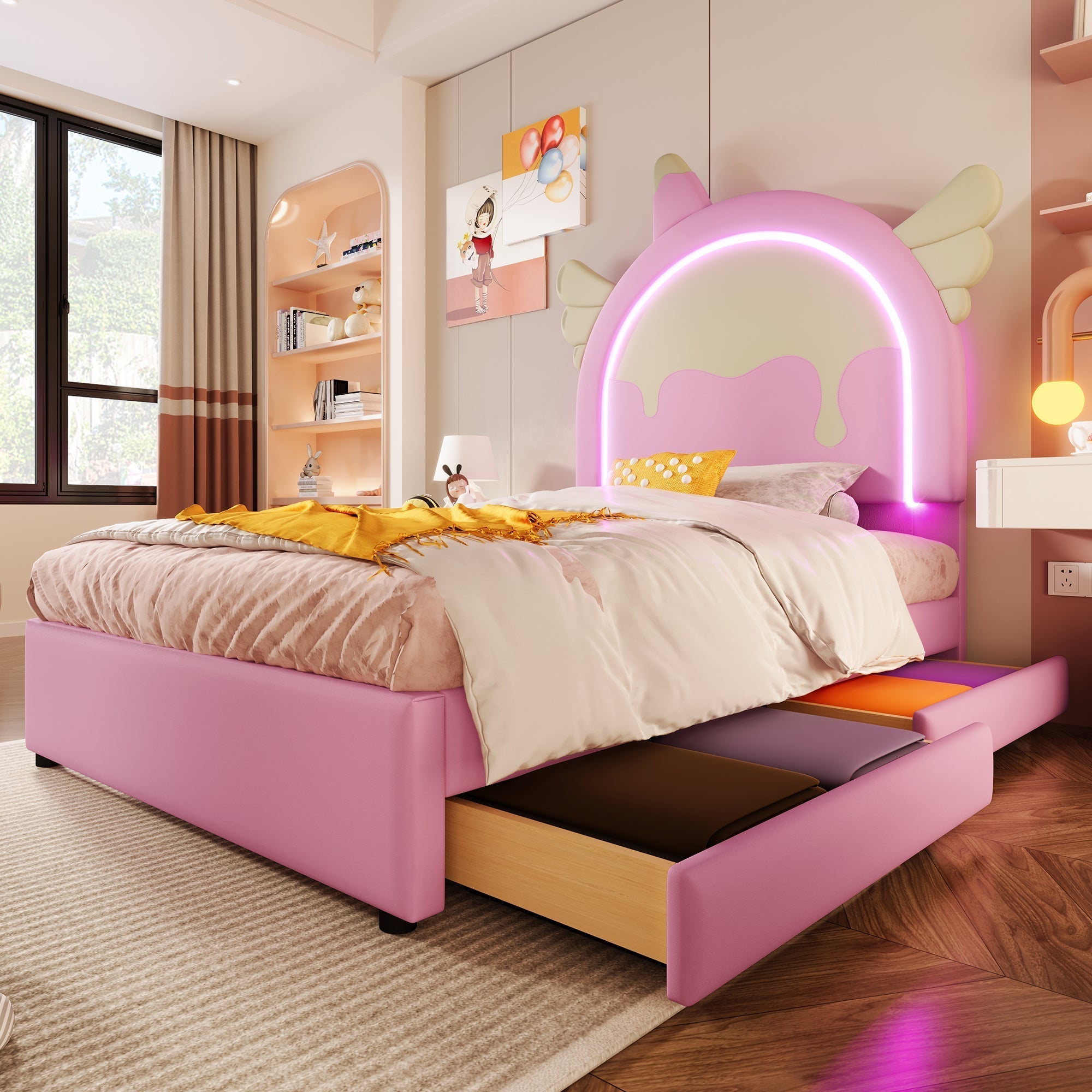 Upholstered Bed 90x200cm Unicorn Shape Light Strip 2 Drawers - PU Pink