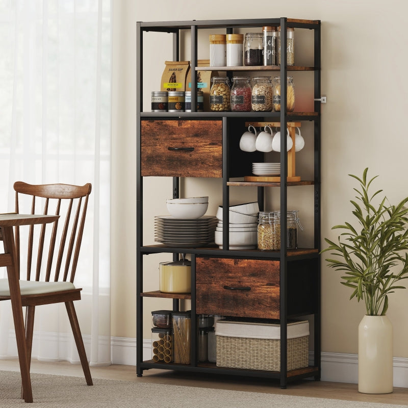 Storage Shelf 9 Open Compartments 2 Drawers Steel Frame - Brown/Black