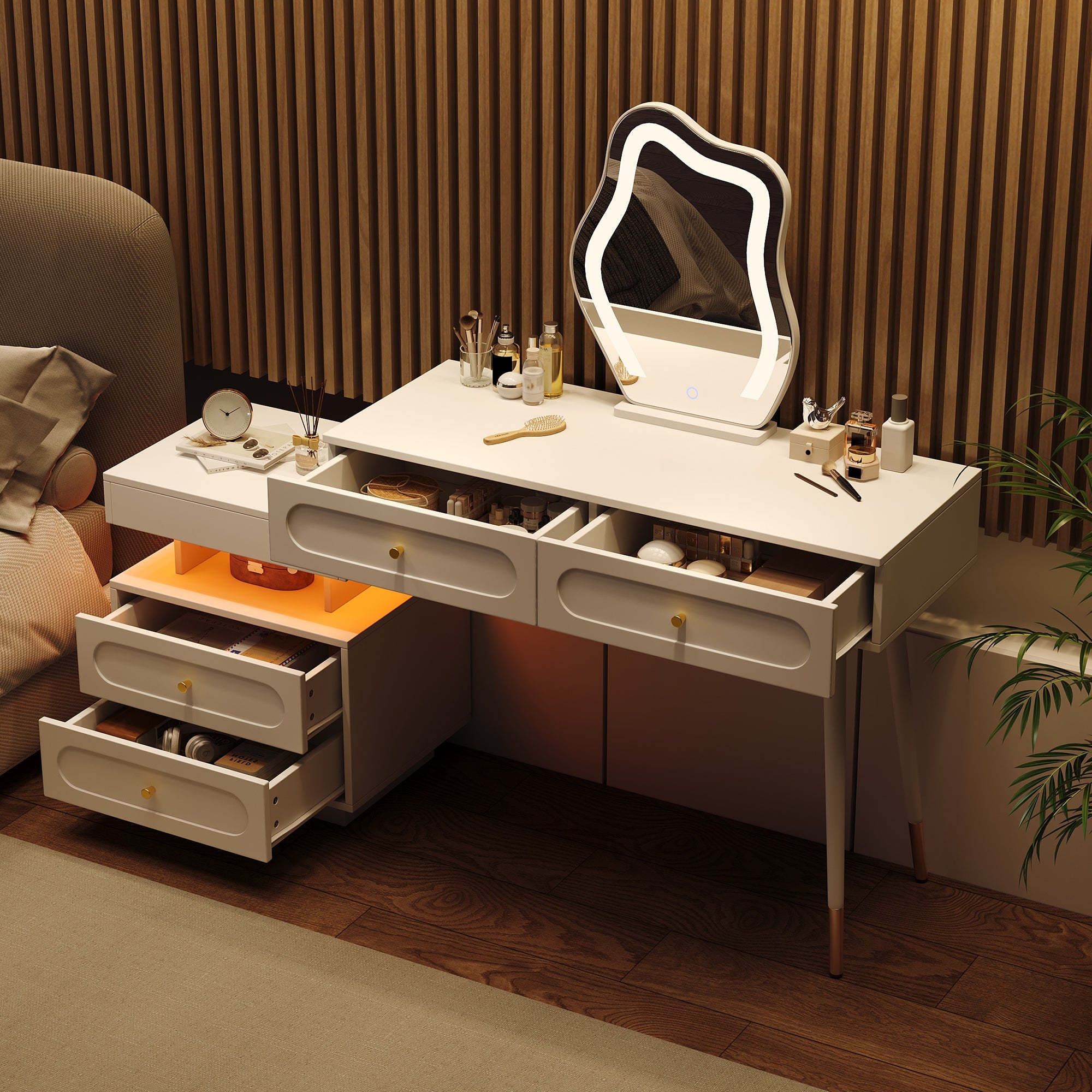 Dressing Table Set LED Mirror 4 Drawers Open Storage White