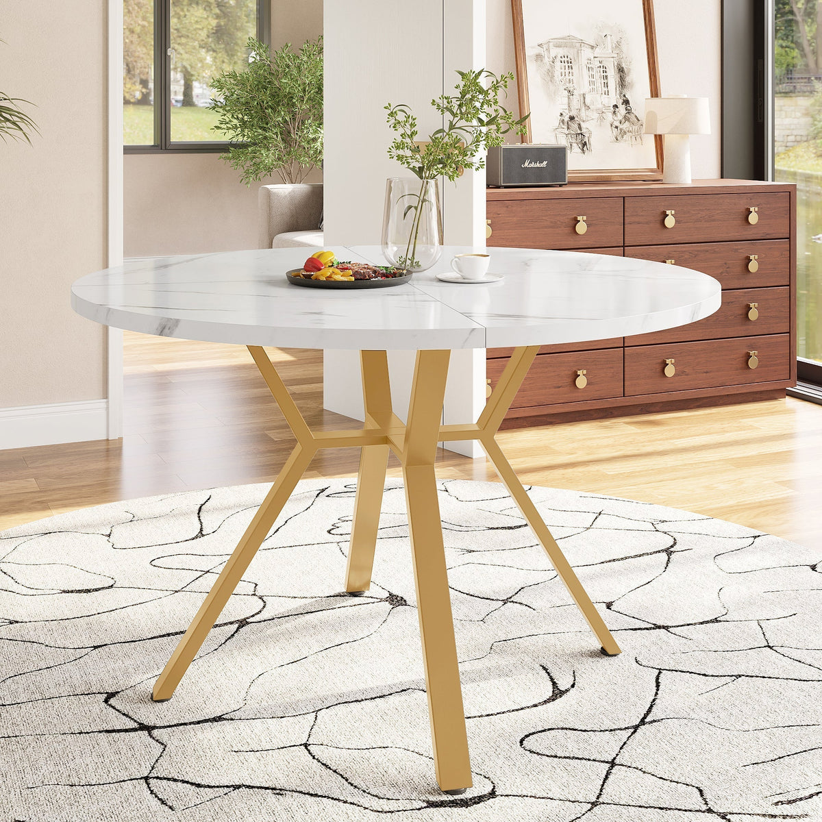 Dining Set 5-Piece Round Marble Table & 4 Velvet Chairs Gold Legs - Black