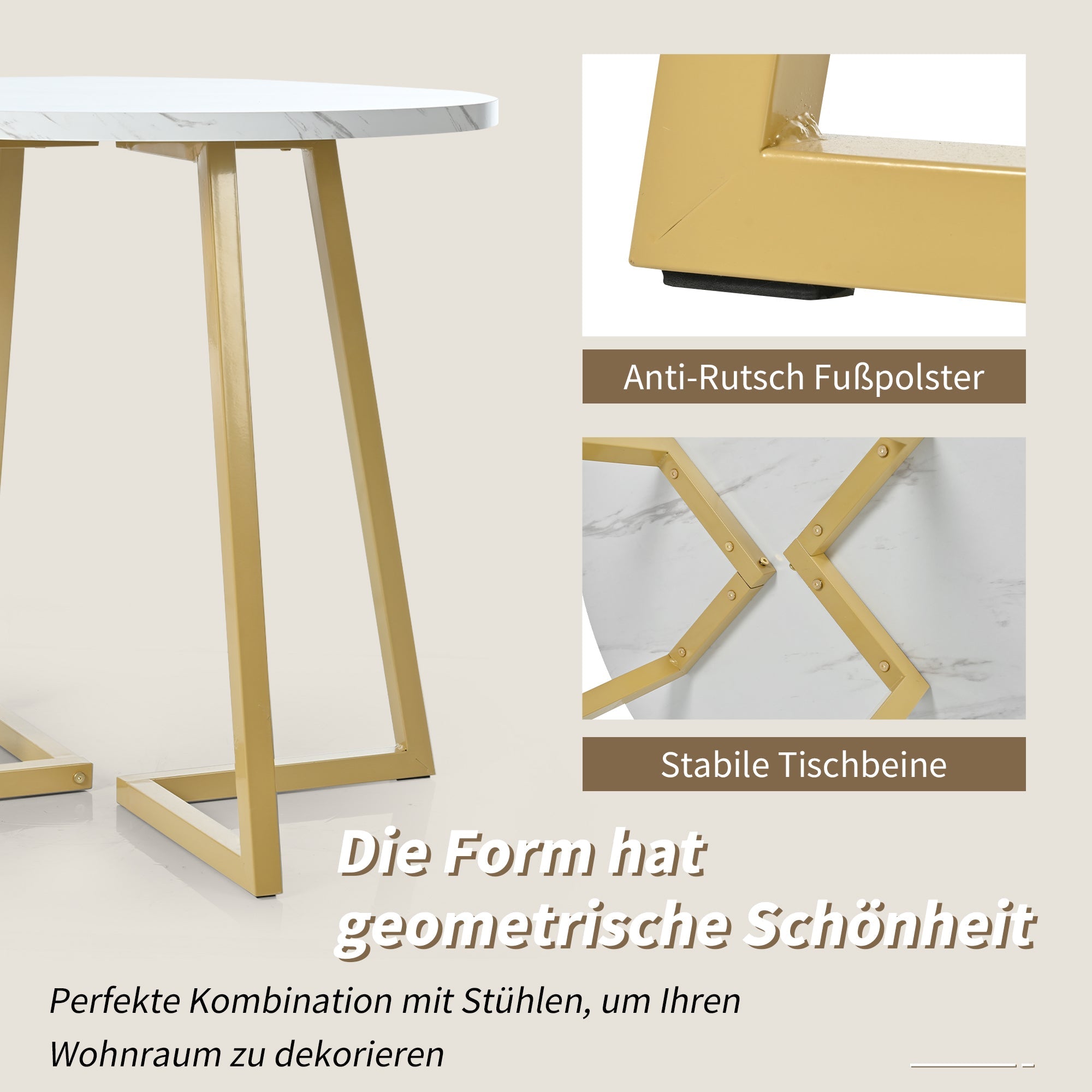 Dining Table Set (5-piece) Round 80cm Kitchen Table White MDF, Gold Metal/Black Velvet