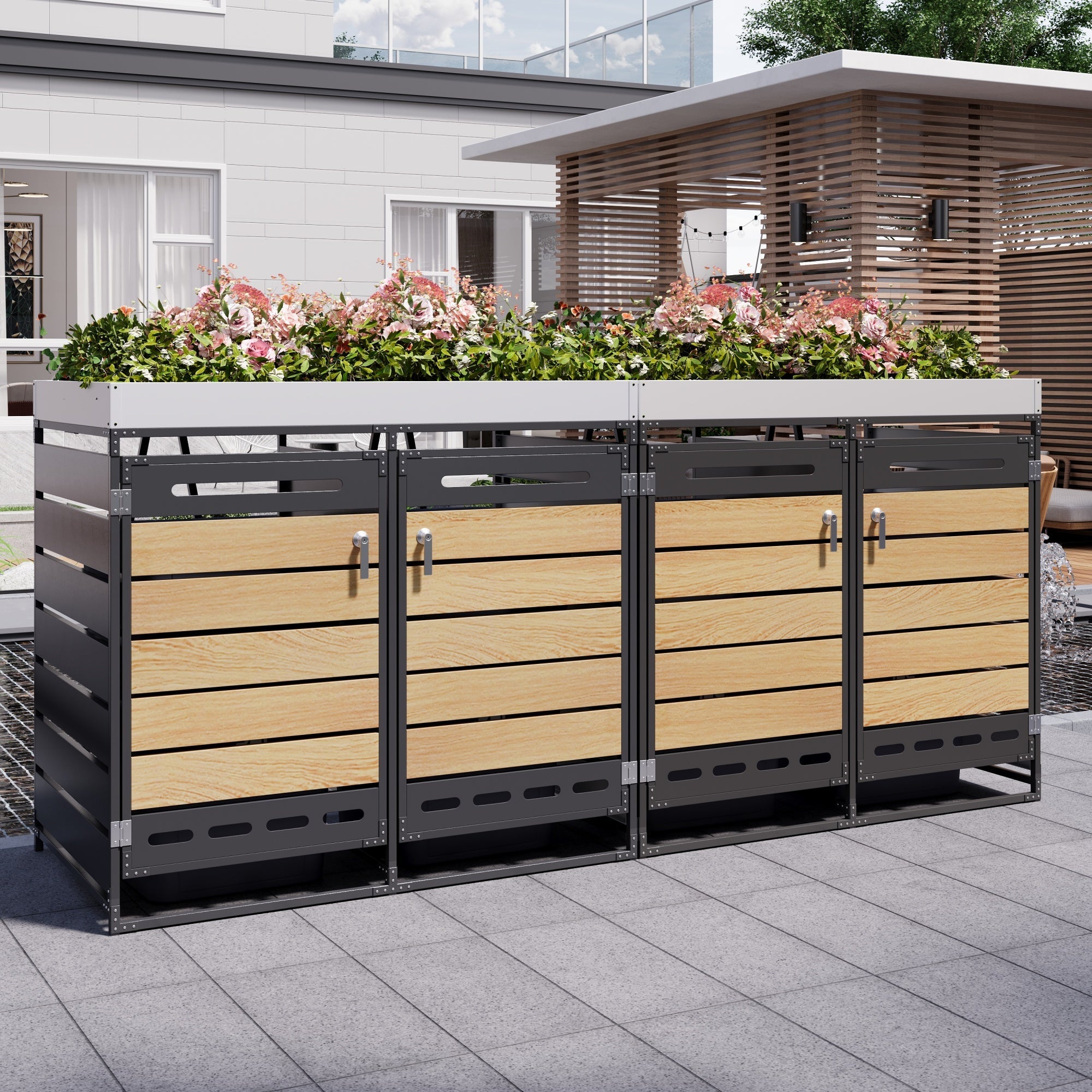 Bin Storage Unit with Planter Box, Slotted Ventilation and Lock, Iron with Wood-Look Slats