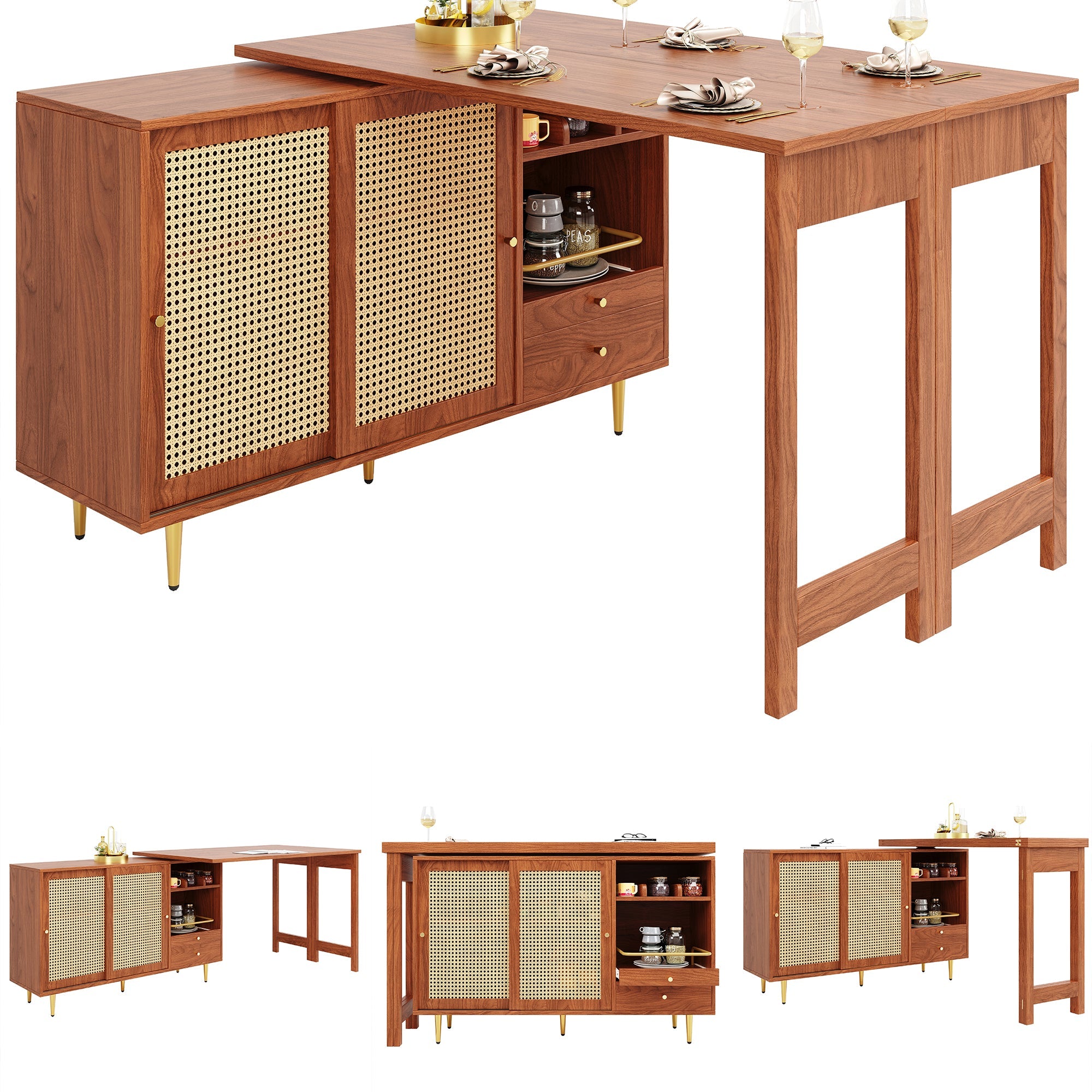 360° Rotating Bar Table Extendable Storage Rattan Door Brown