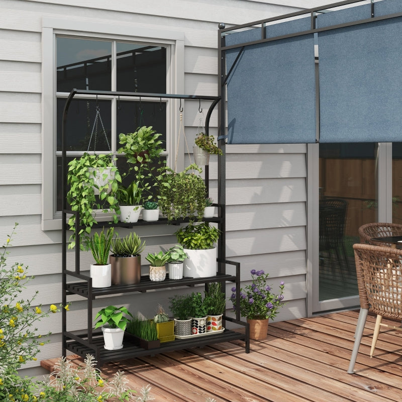 Flower Stand 3 Tiers 6 Hooks Indoor & Outdoor Metal Black
