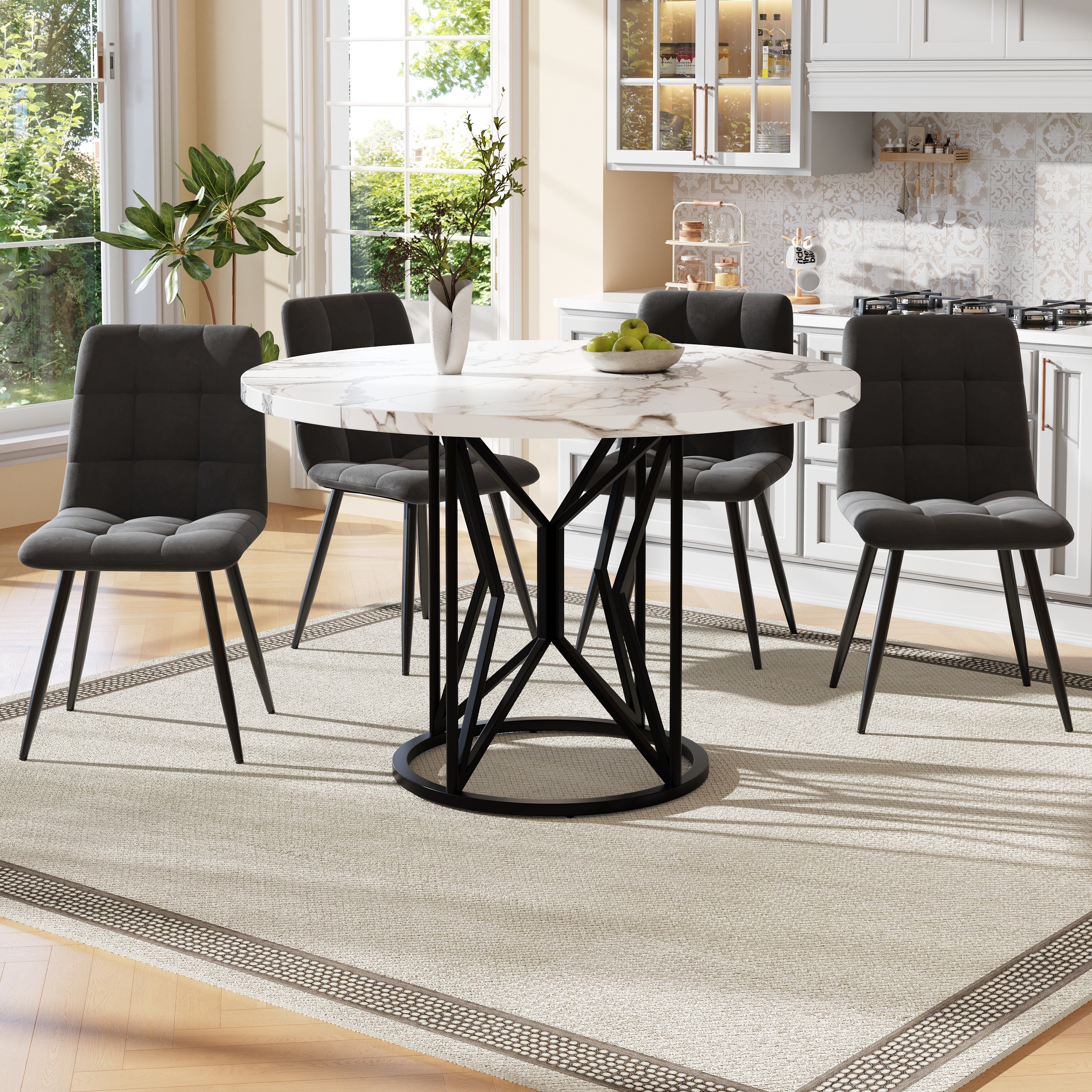 Dining Set 5-Piece Round 100cm White MDF Top - Grey Velvet Chairs