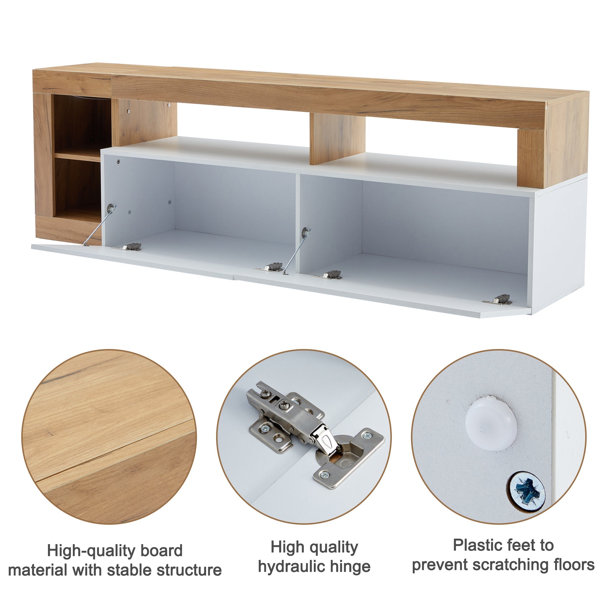 Modern TV Cabinet, 80 Inch, Open Storage, LED Light, Wooden Frame White