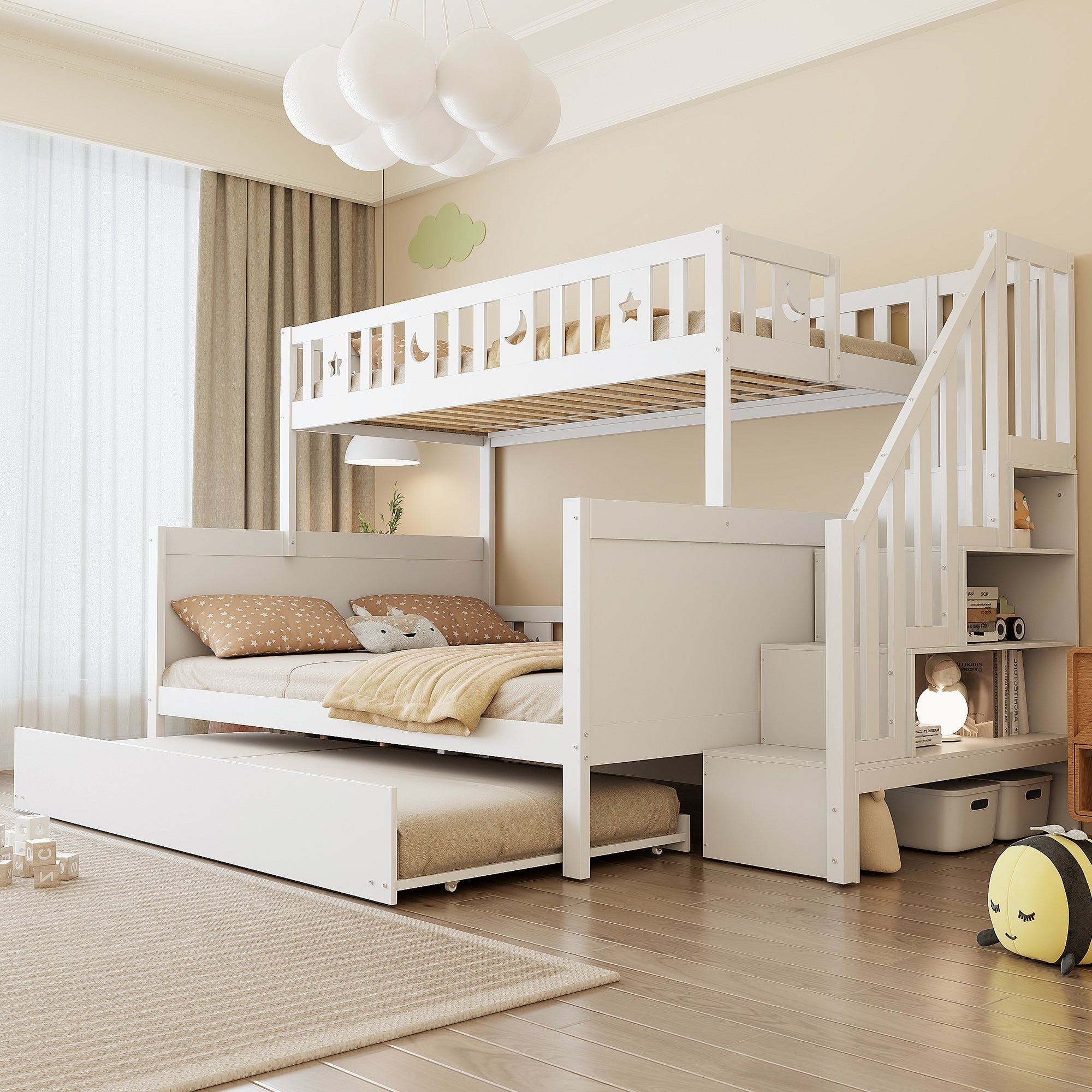Children's Bunk Bed with Storage and Pull-out Bed, White