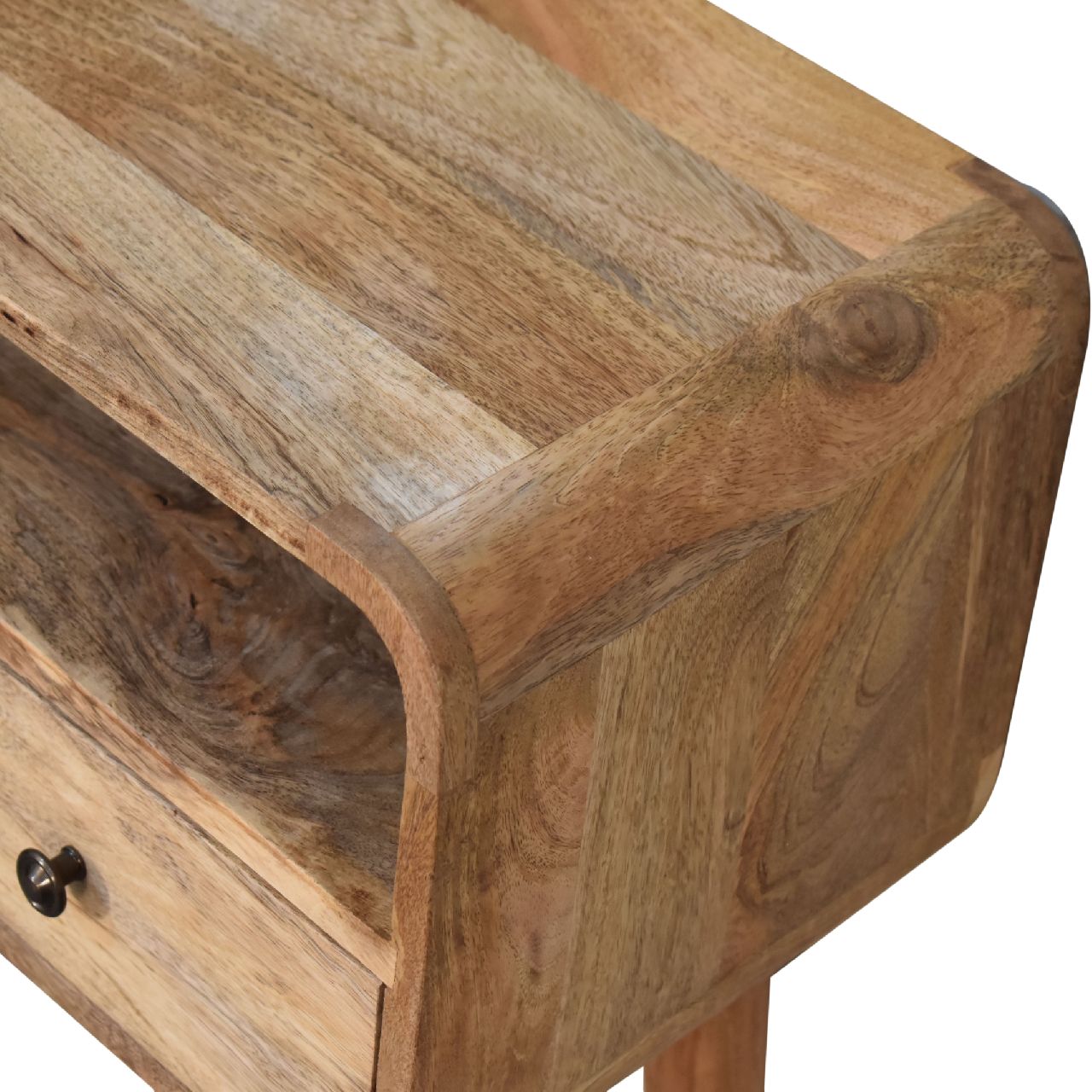 Solid Wood Console Table, Mini Curved with 2 Drawers & Open Slot, Brown Oak-ish