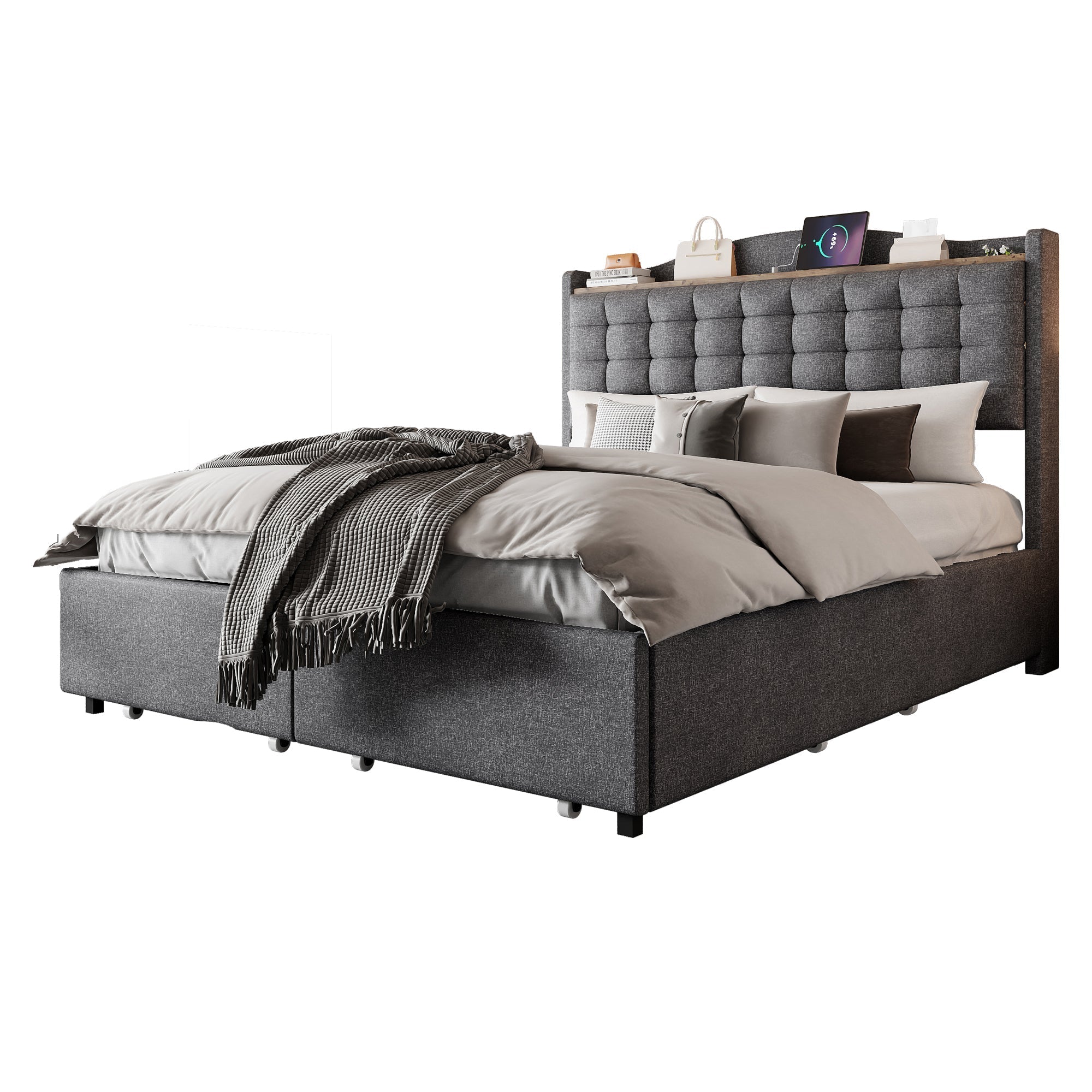 Upholstered Bed, 140x200cm Double Flat with 4 Drawers & USB Bedside Table, Gray Linen