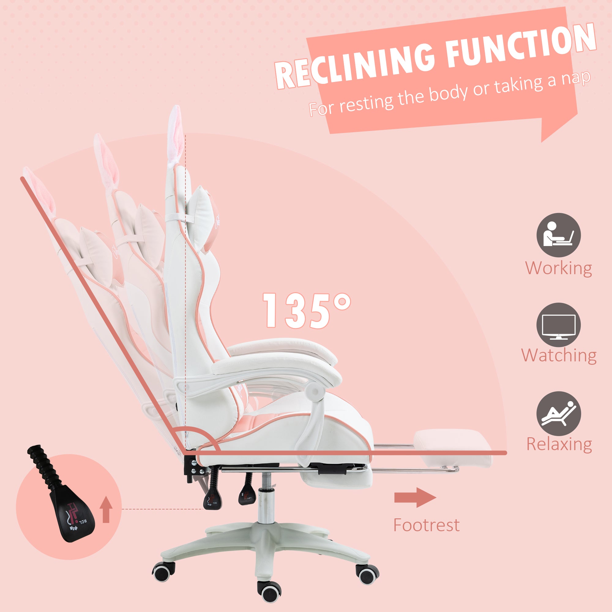 Racing Gaming Chair Reclining with Rabbit Ears Footrest Pink PU Leather