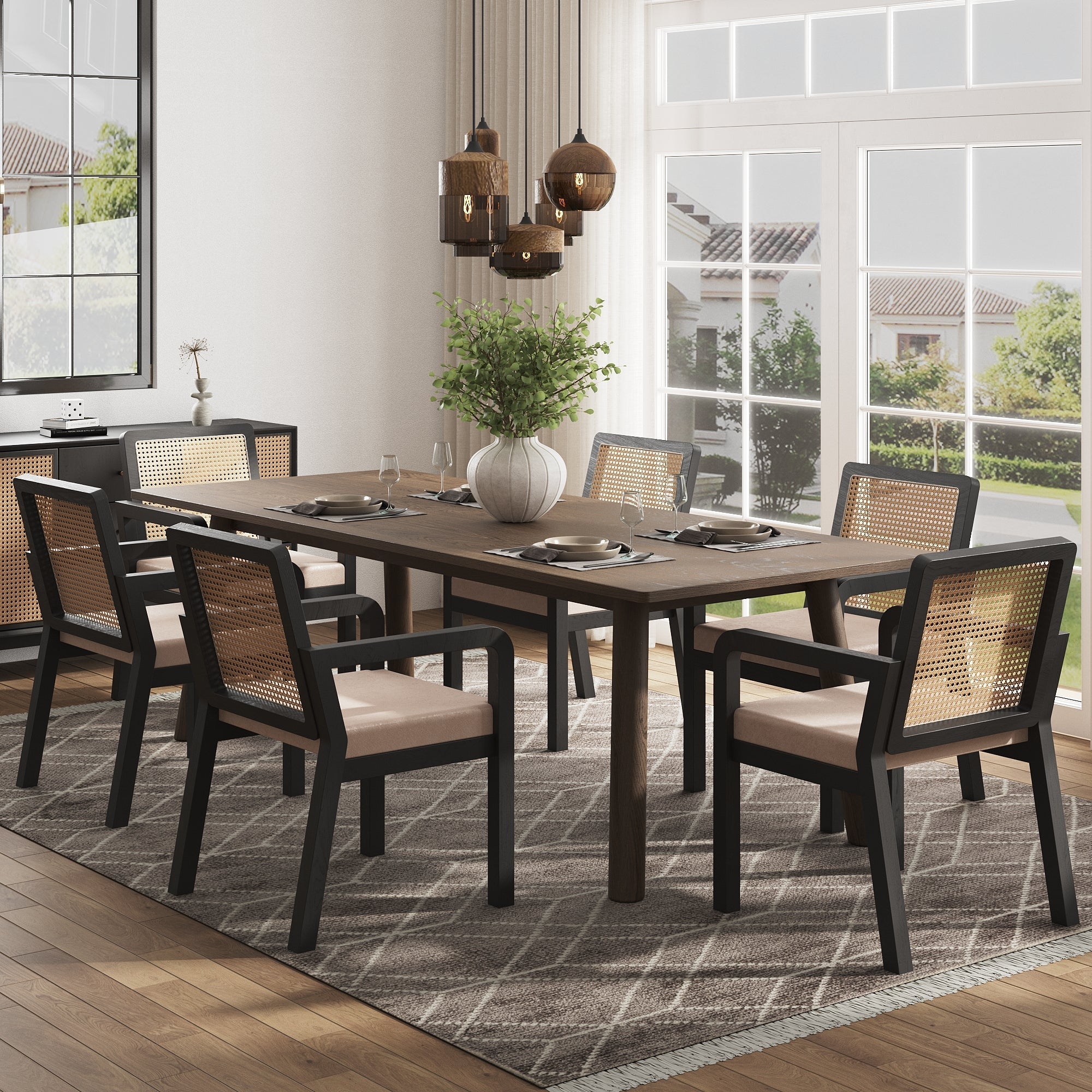 Dining Chair Set of 6 Ergonomic Rattan Backrest Rubberwood Legs Velour Fabric