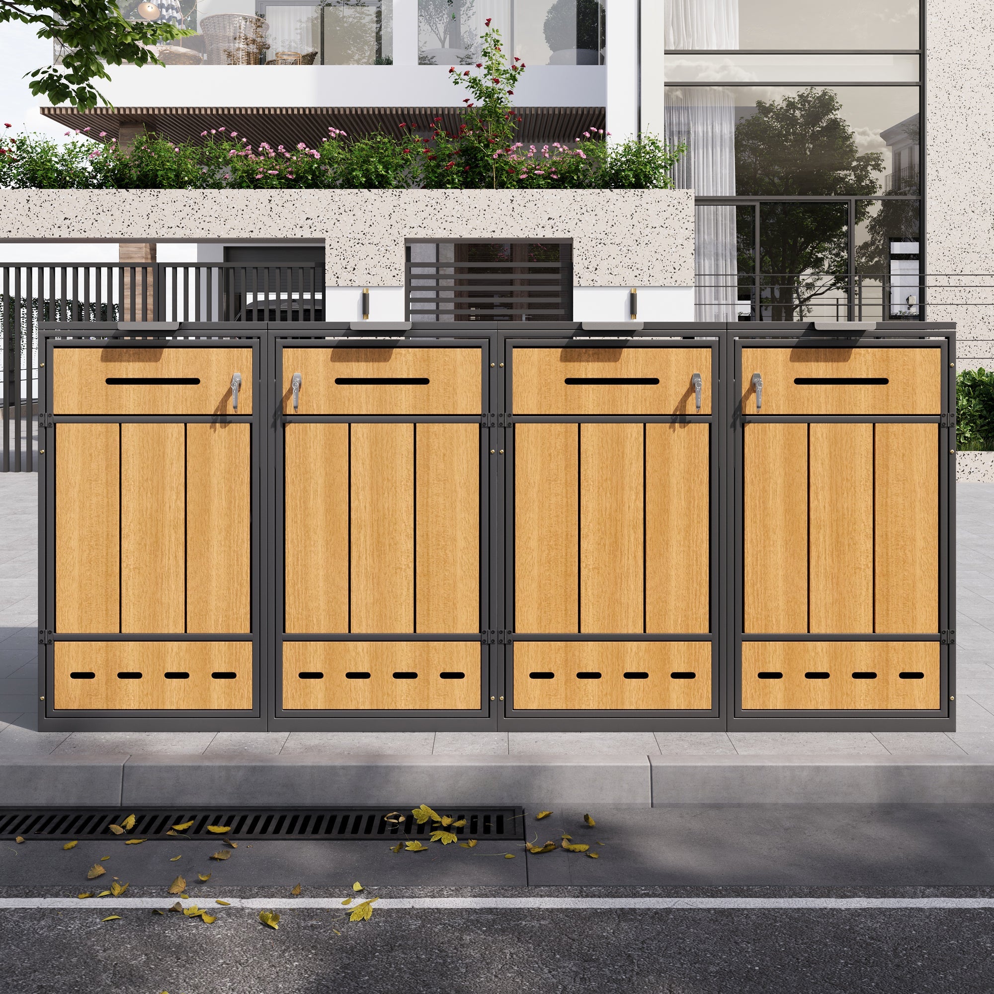 Bin Storage Unit for 4 Trash Cans, Lockable with Ventilation, Steel