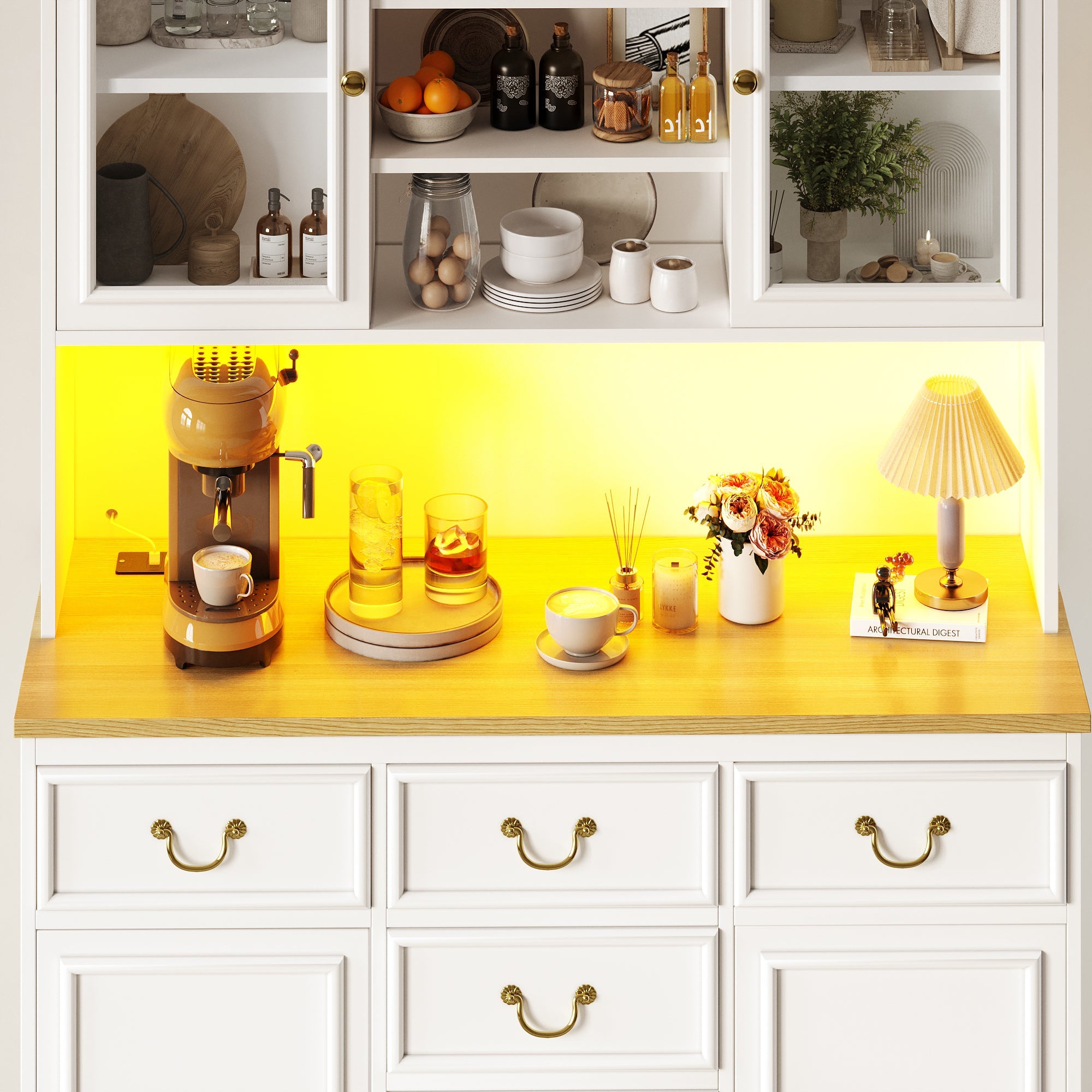 Tall Kitchen Cabinet Sideboard with USB Ports, Sockets and LED Lighting, White