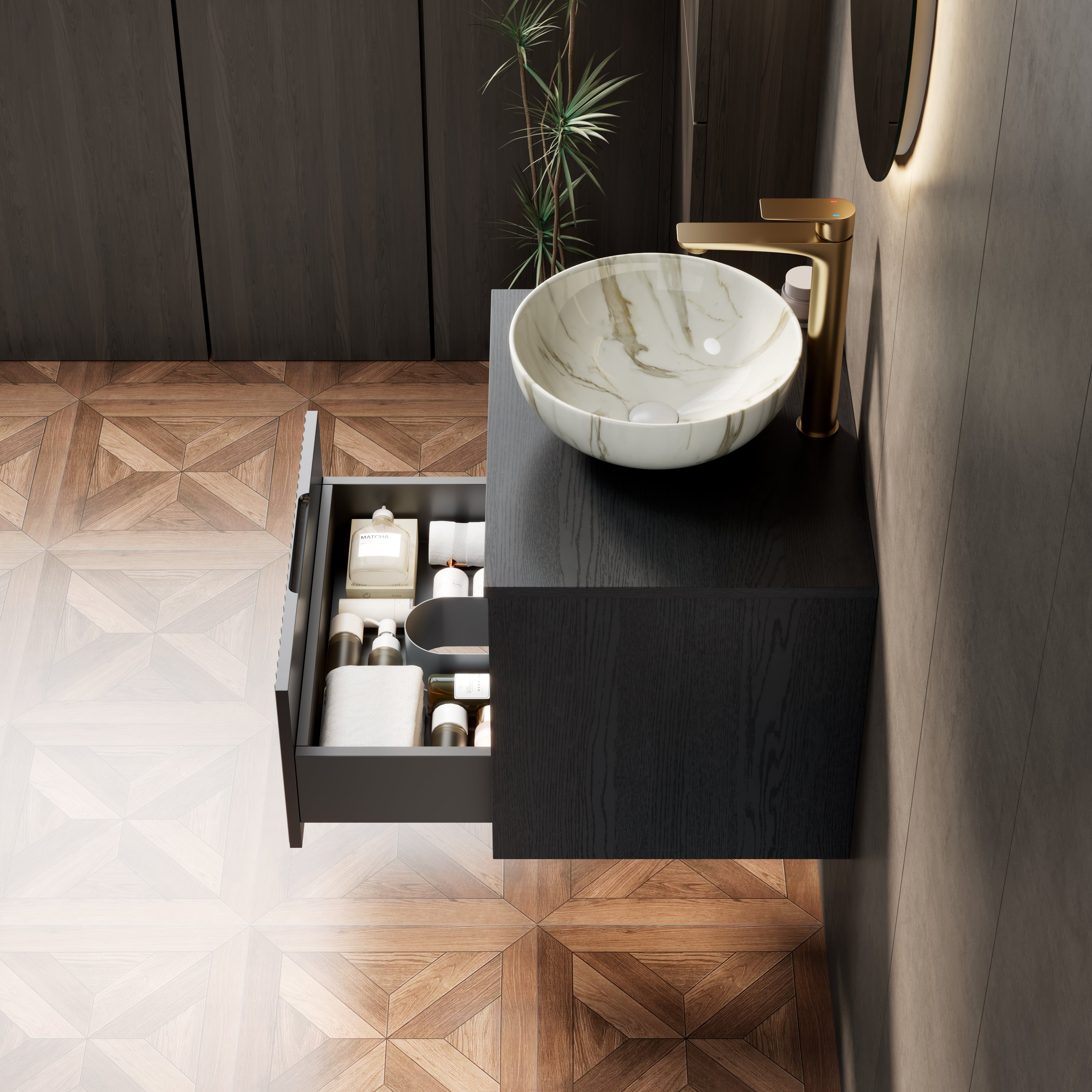 Floating Bathroom Vanity with Ceramic Basin and Sensor Light, Black Plywood
