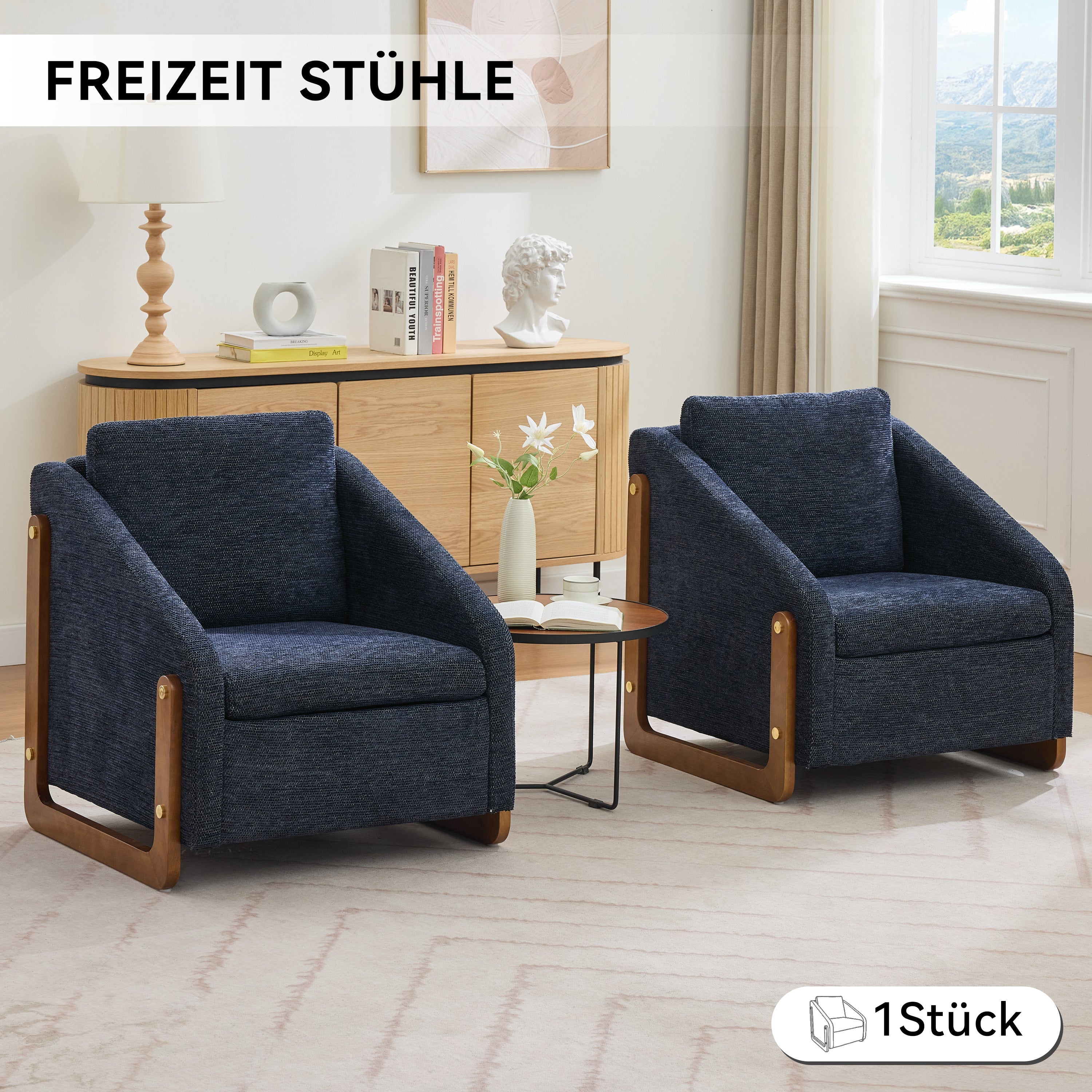 057 Armchair, Modern Lounge Chair with Wooden Armrests, Blue Chenille Fabric