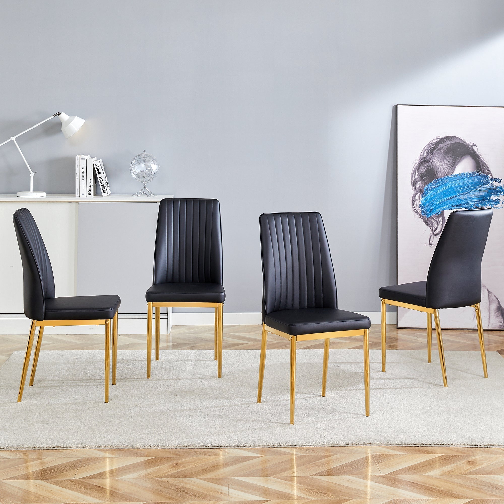 Dining Chair Set 4-Piece Golden Metal Legs PU Leather - Black
