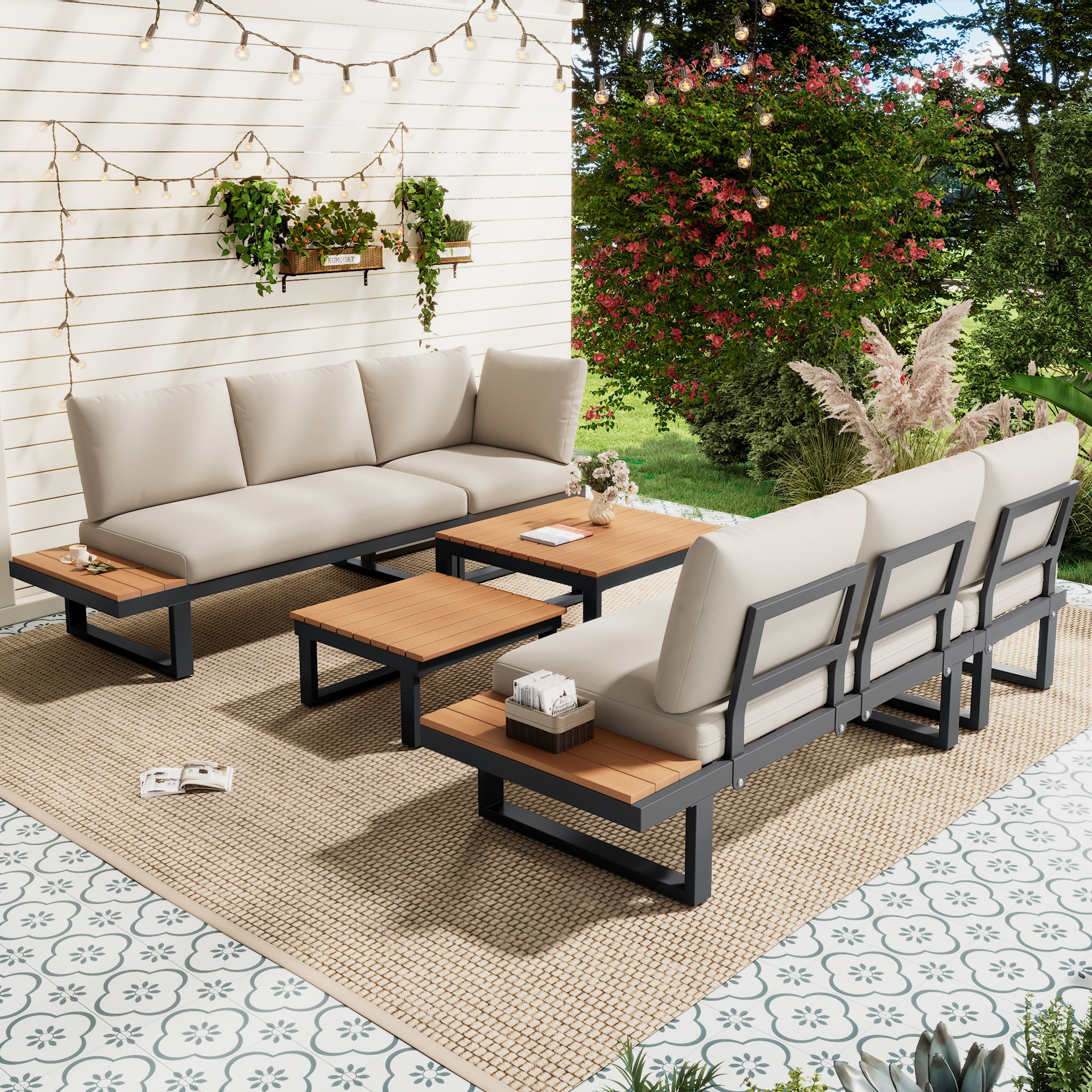 Garden Furniture Set with Adjustable Tilt Function and Two Coffee Tables, Beige and Black