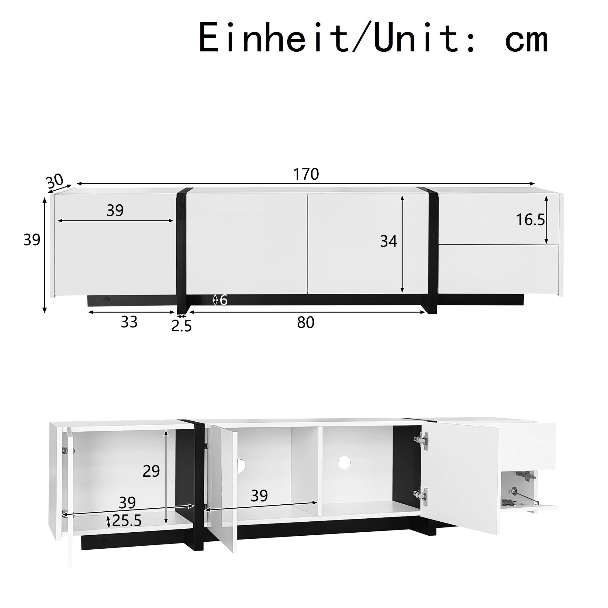 TV Cabinet, Lowboard, High-Gloss White with Black Legs
