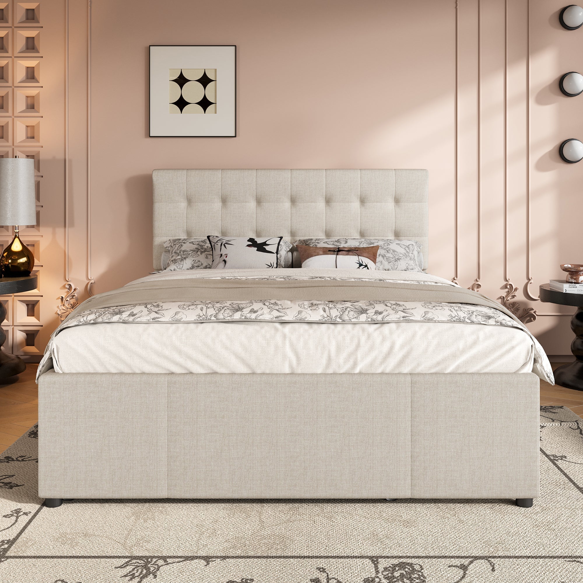 Upholstered Bed 140x200cm Extendable 3 Drawers Adjustable Headboard - Beige
