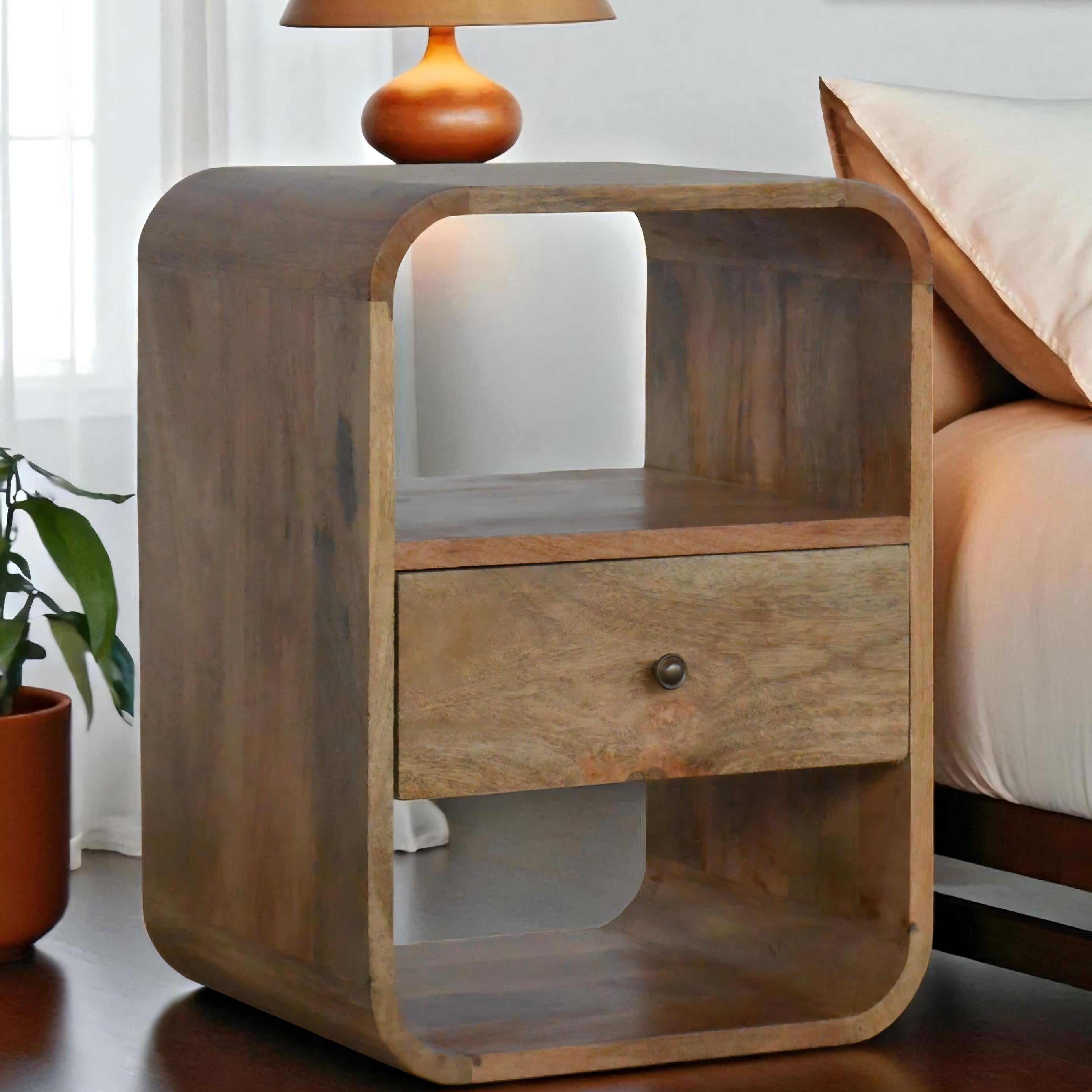 Solid Wood London Bedside, 1 Drawer 2 Open Slots, Beige