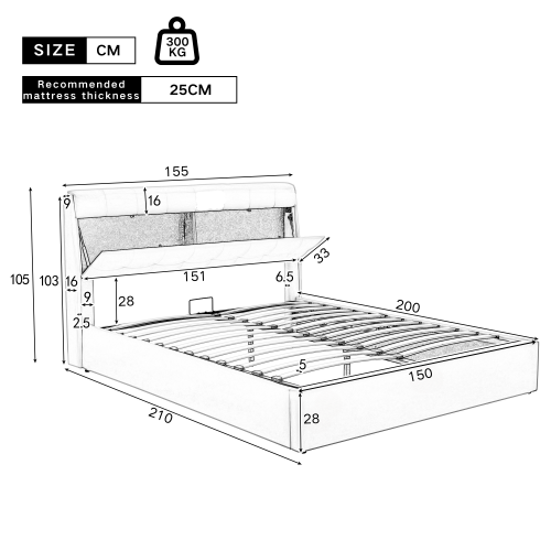 Upholstered Bed, King Size 150x200cm, Hydraulic Lift with Concealed Headboard Storage, Black PU
