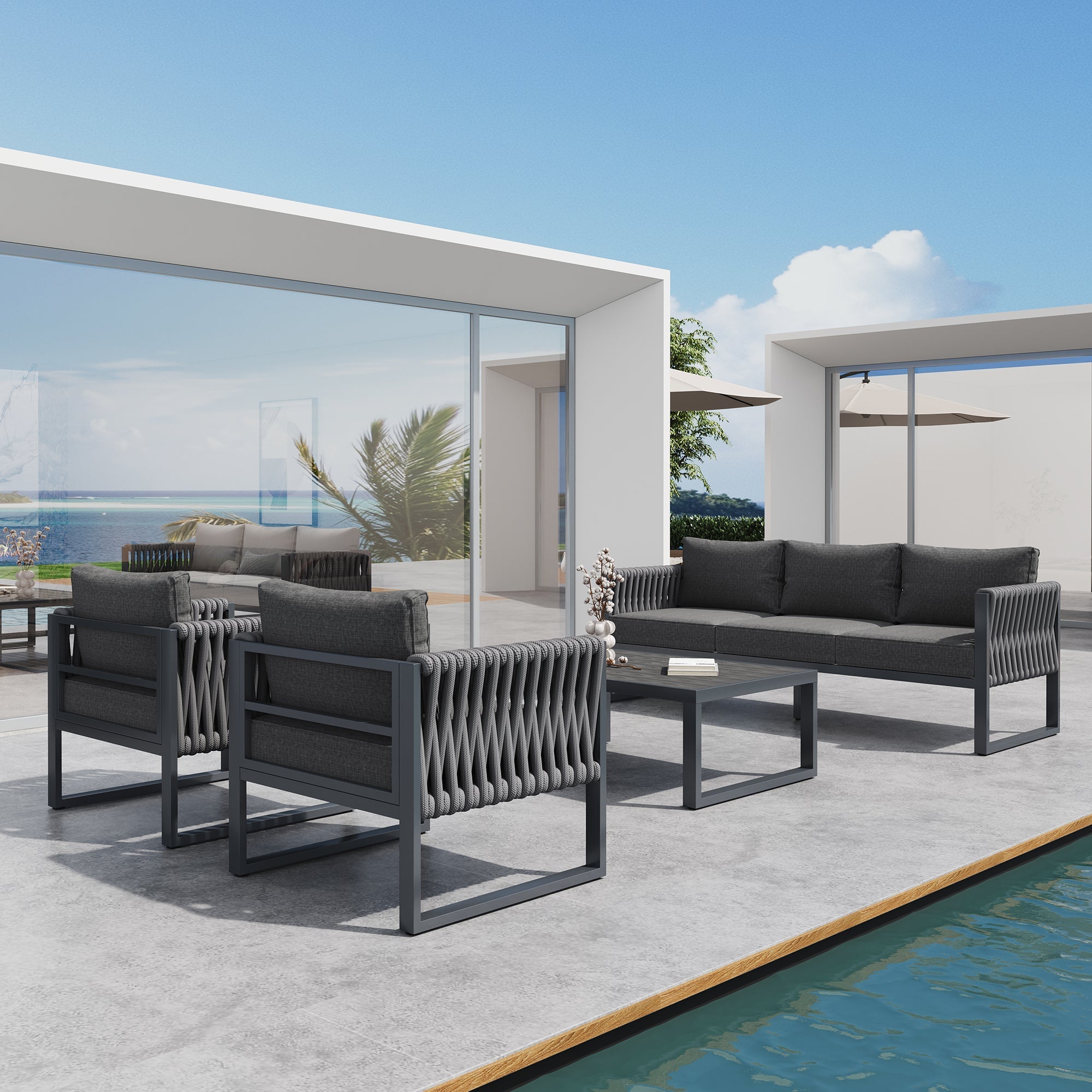 Outdoor Sofa Set 5-Seater Adjustable Feet Rustproof Metal Frame - Grey