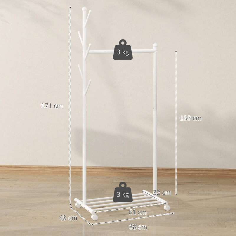 Clothes Rack, Mobile Wardrobe Rail 5 Hooks Shoe Rack, White