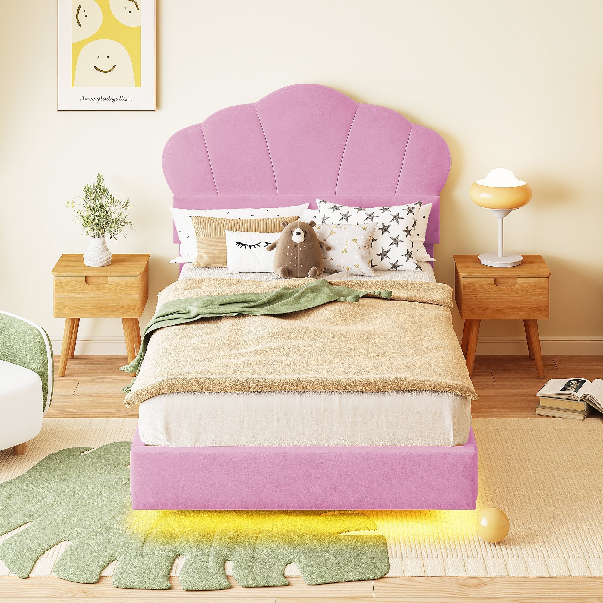 Upholstered Bed 90x200cm LED Cloud Headboard Children's Youth Velvet Pink