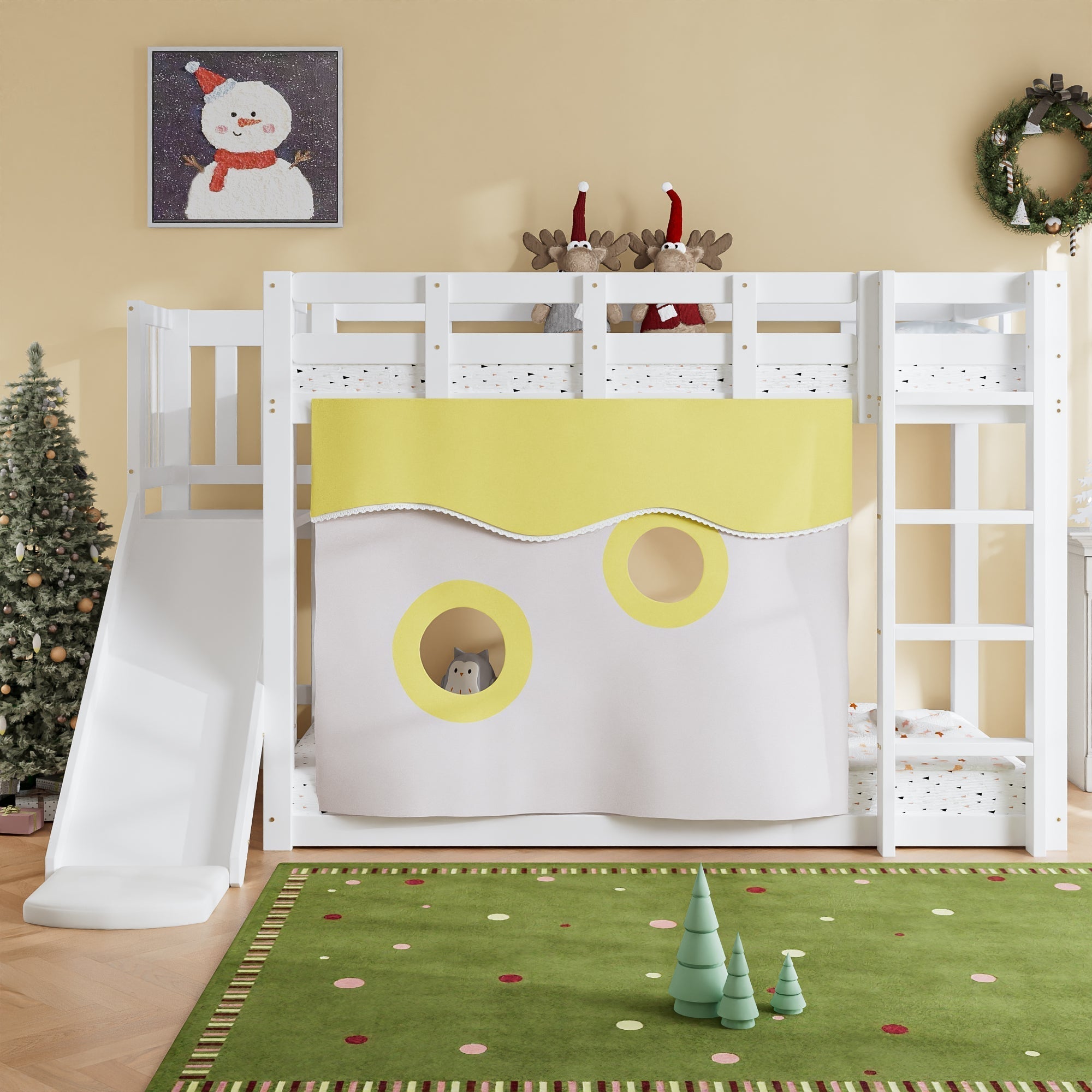 Bunk Bed 90x200cm with Stairs Slide and Curtain - White MDF/Pine
