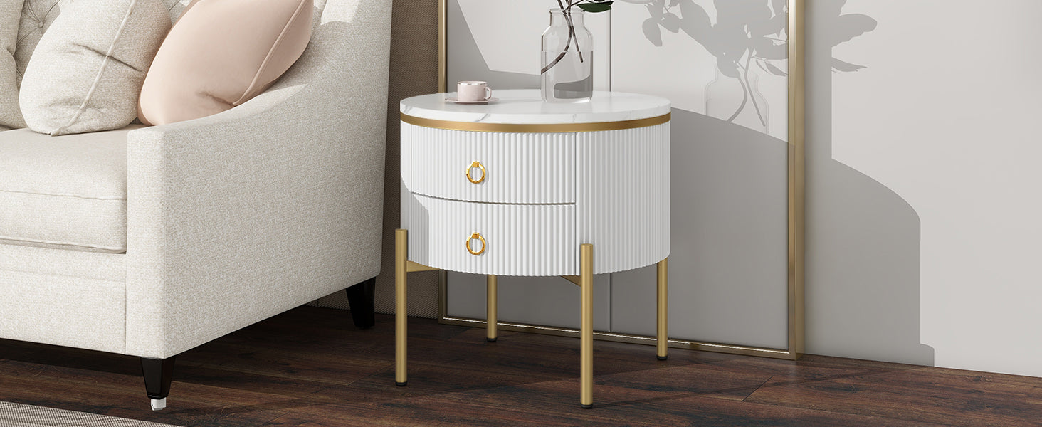 Side Table Coffee Table with Drawers, Adjustable, Gold Legs and Handles, Marble Texture