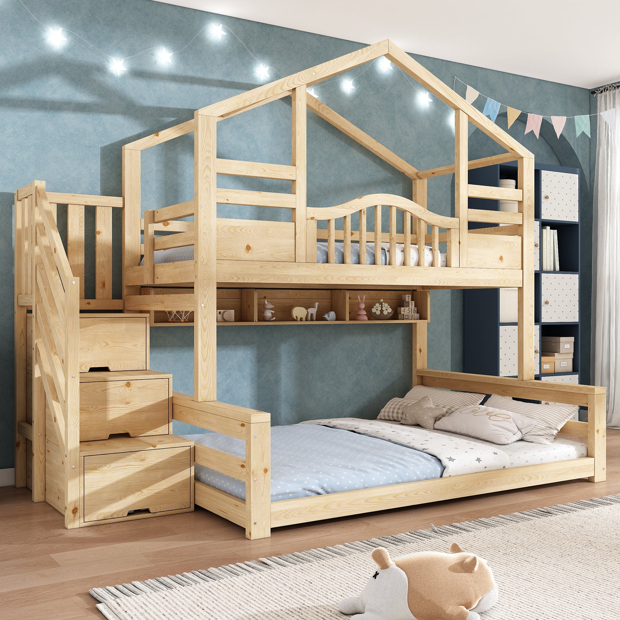 Bunk House Bed with Stair Storage and Shelves, 90x200cm and 140x200cm, Natural Wood Look