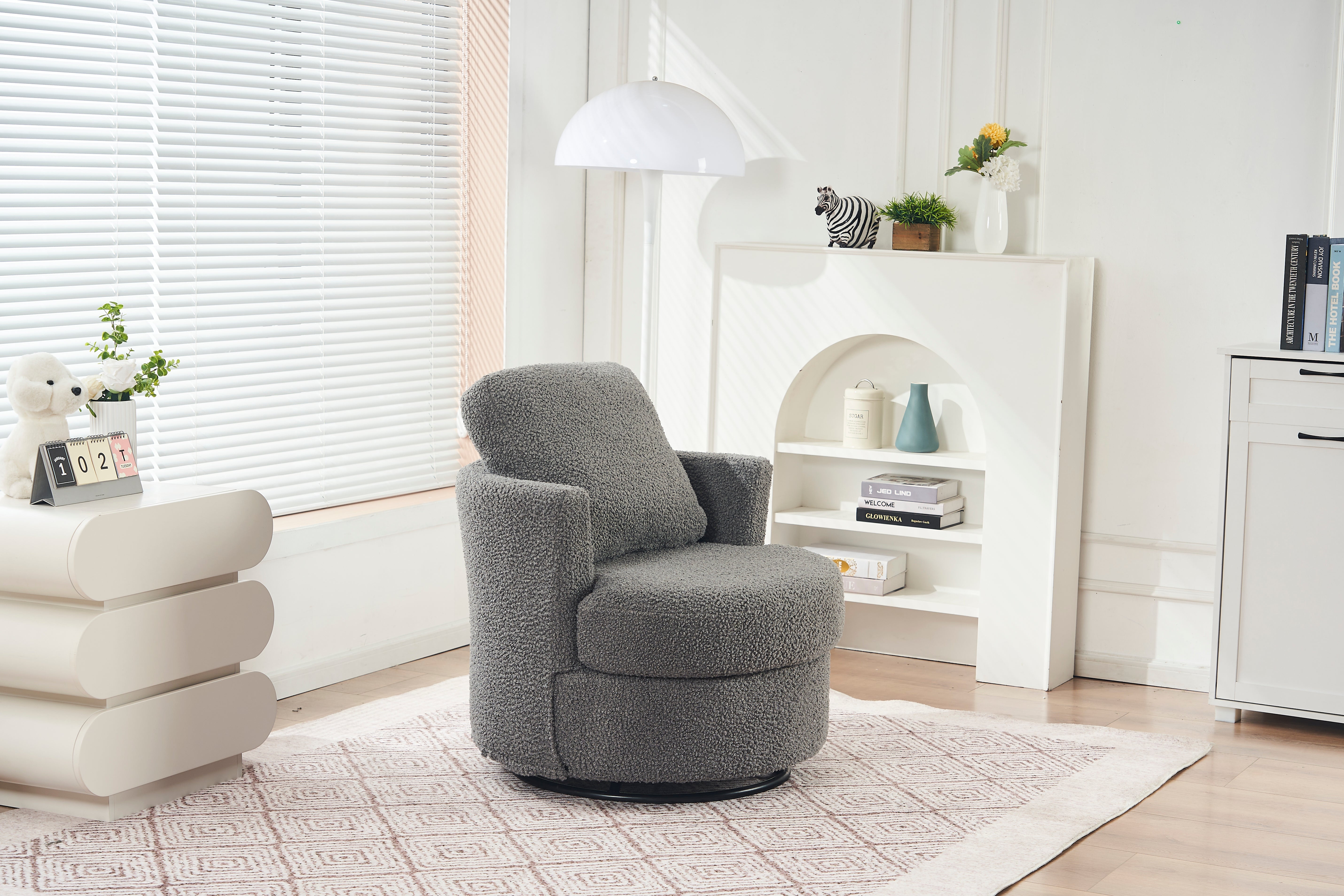 Teddy Swivel Armchair: Back Cushion Pillow, Thick Foam Pad, Medium Grey