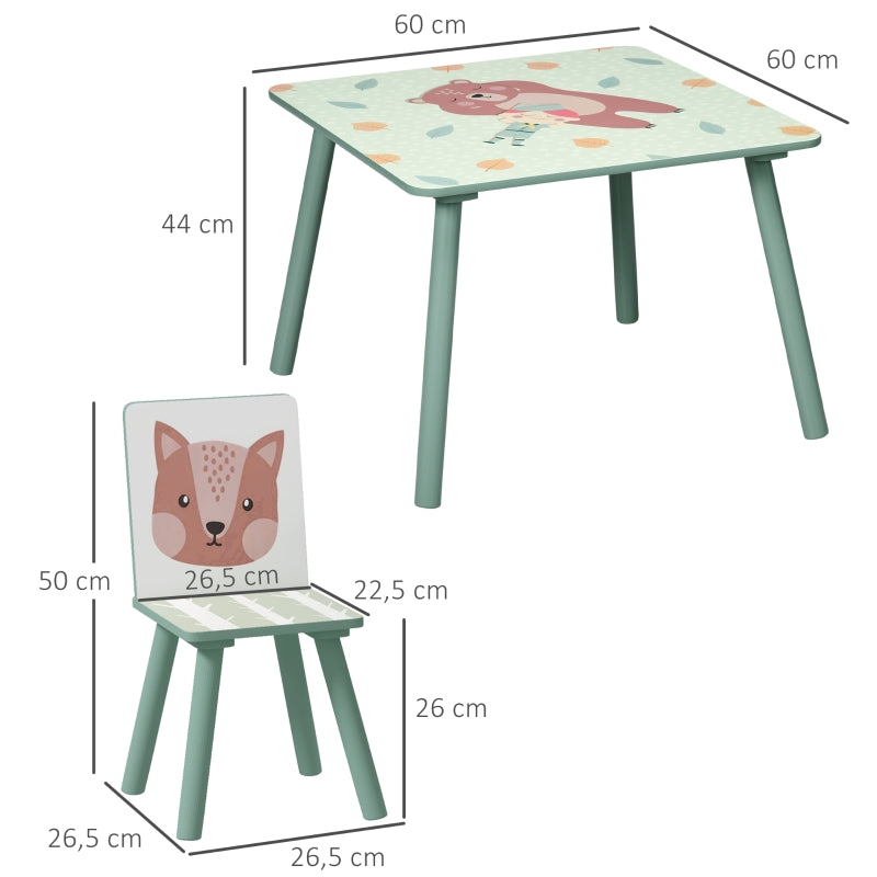 Children’s table with 2 chairs, kids’ seating set with 1 table & 2 chairs, cute animal design, suitable for children aged 3–8 years, green