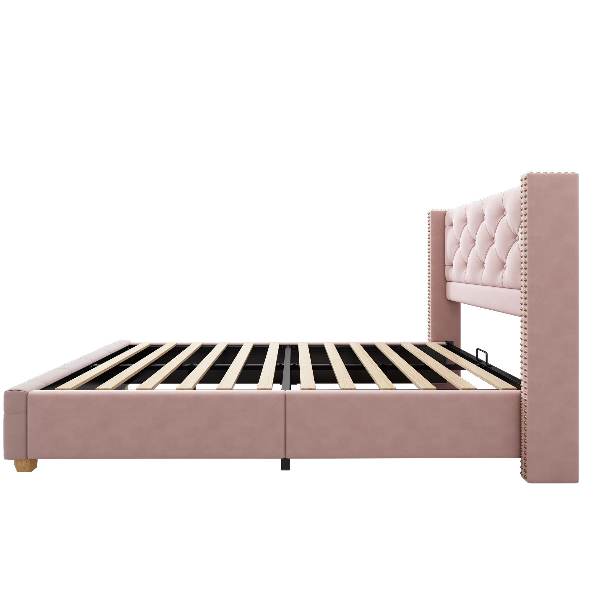 Upholstered Bed 90x200cm with Slatted Frame and Studded Buttoned Headboard, Pink Velvet