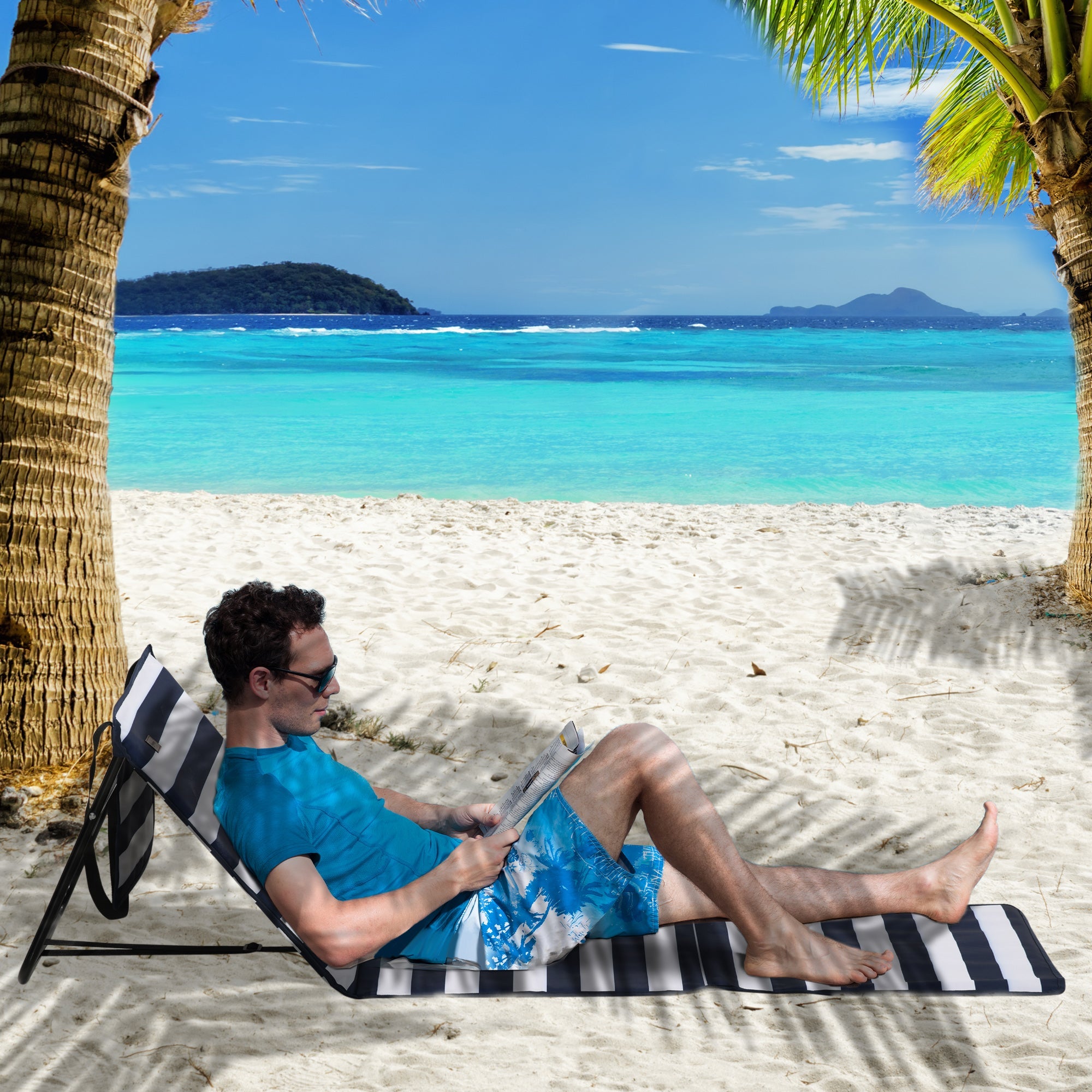 Beach Mat 2-Pack Foldable Adjustable with Carrying Bag Blue and White Oxford Fabric