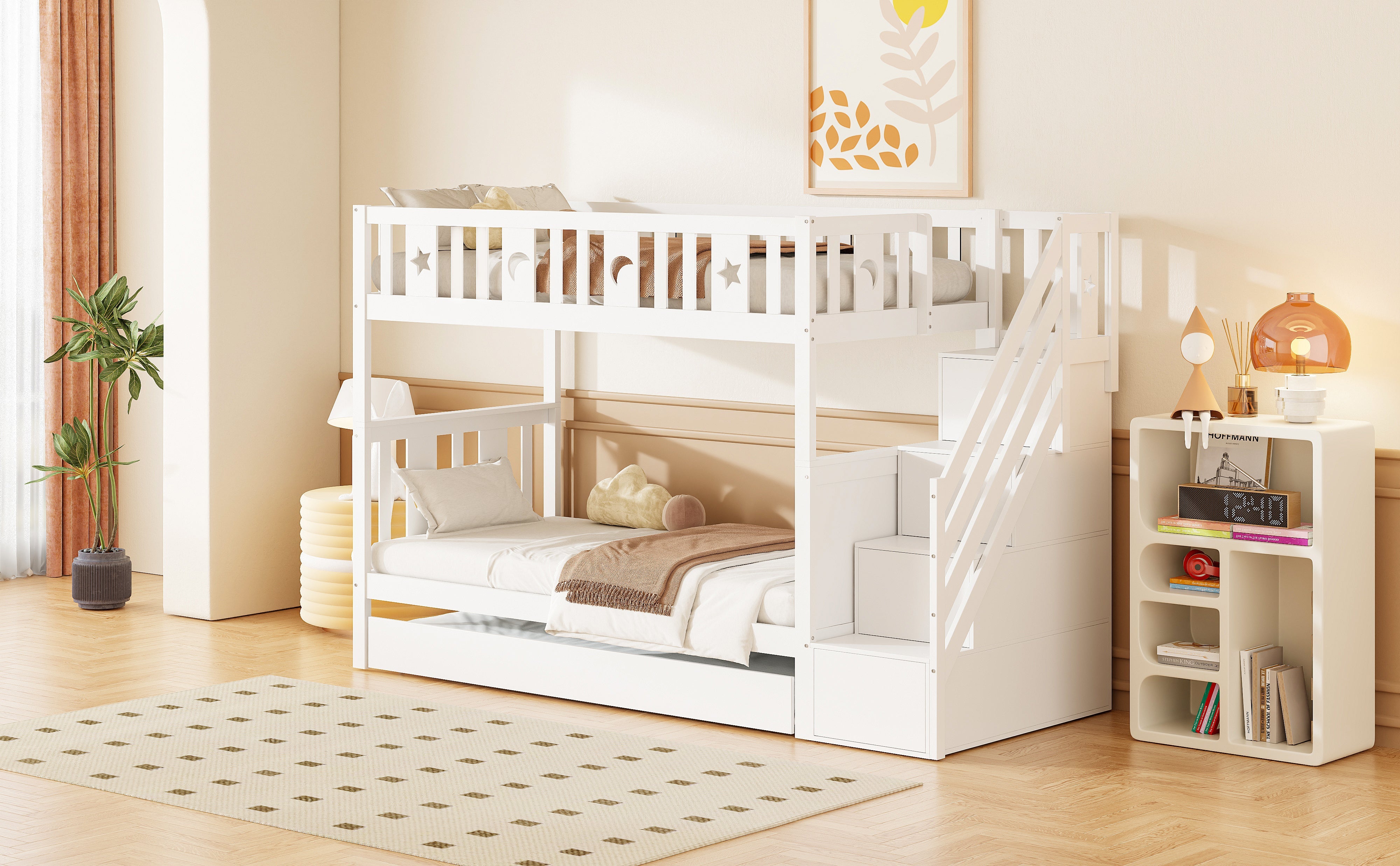 Children's Bunk Bed, 90*200 cm with Pull-out Bed, Safety & Storage Stairs, Solid Wood White