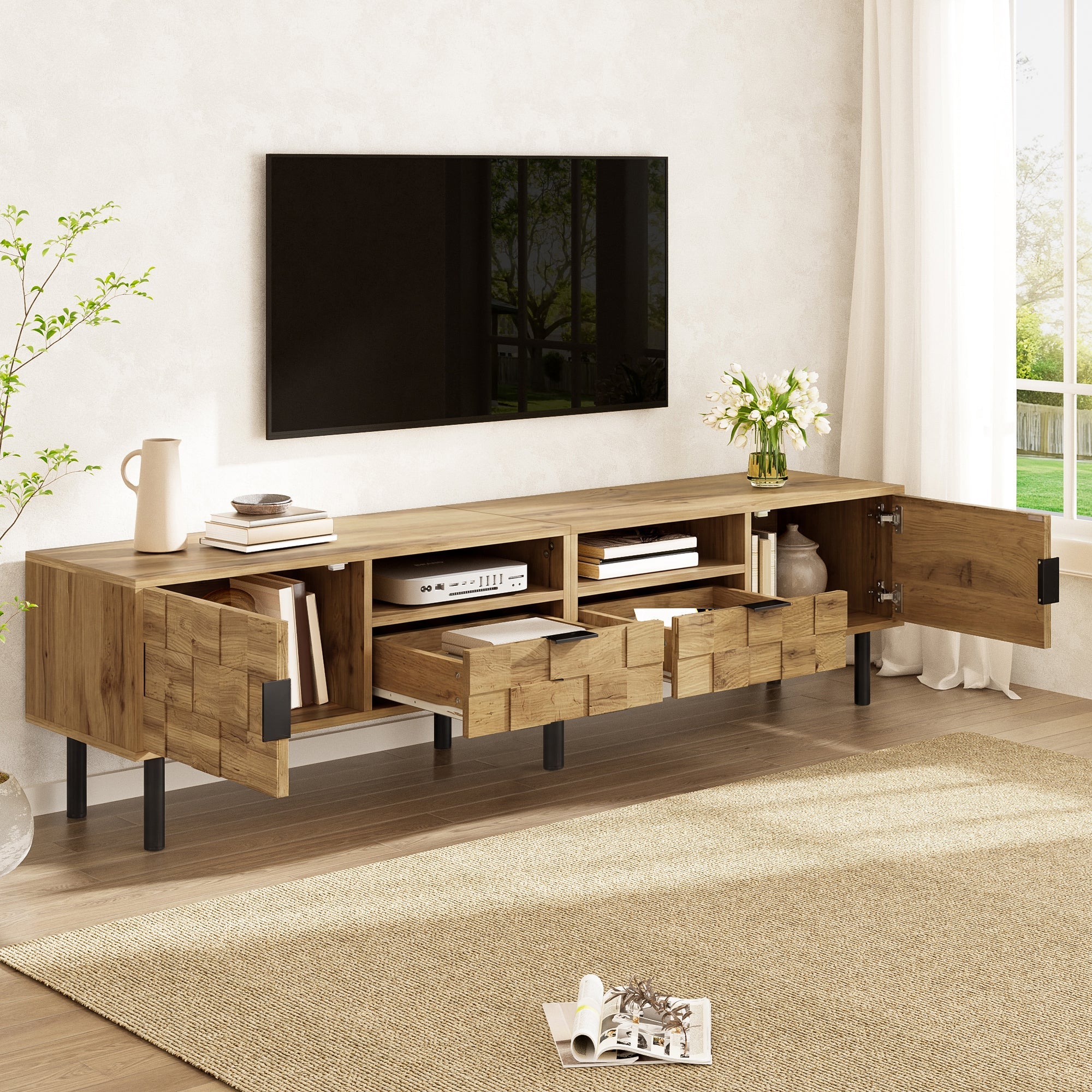 Mosaic TV Cabinet with 2 Doors, 2 Drawers and 2 Open Shelves, Wood Look Chipboard and Metal