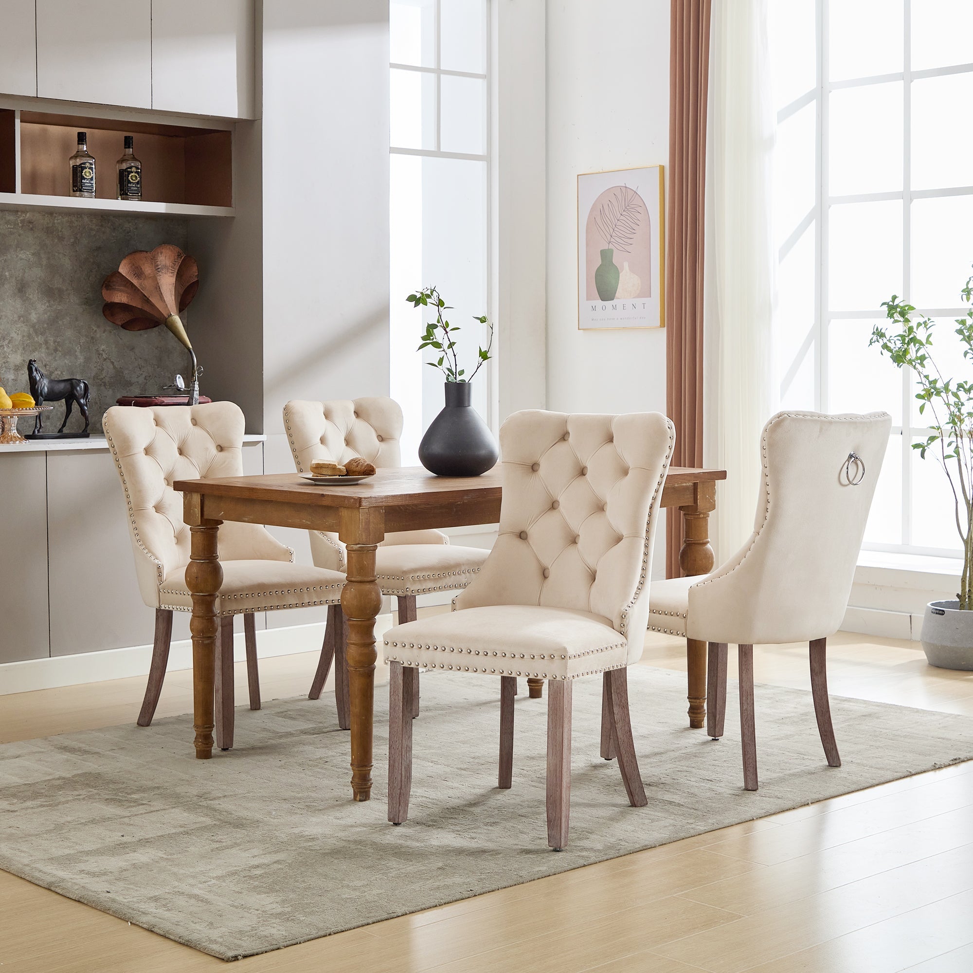 Modern Set of 4 Upholstered Dining Chairs with Button Tufted Velvet, Brushed Wood Legs, Riveted Trim, and Knocker Ring, Beige