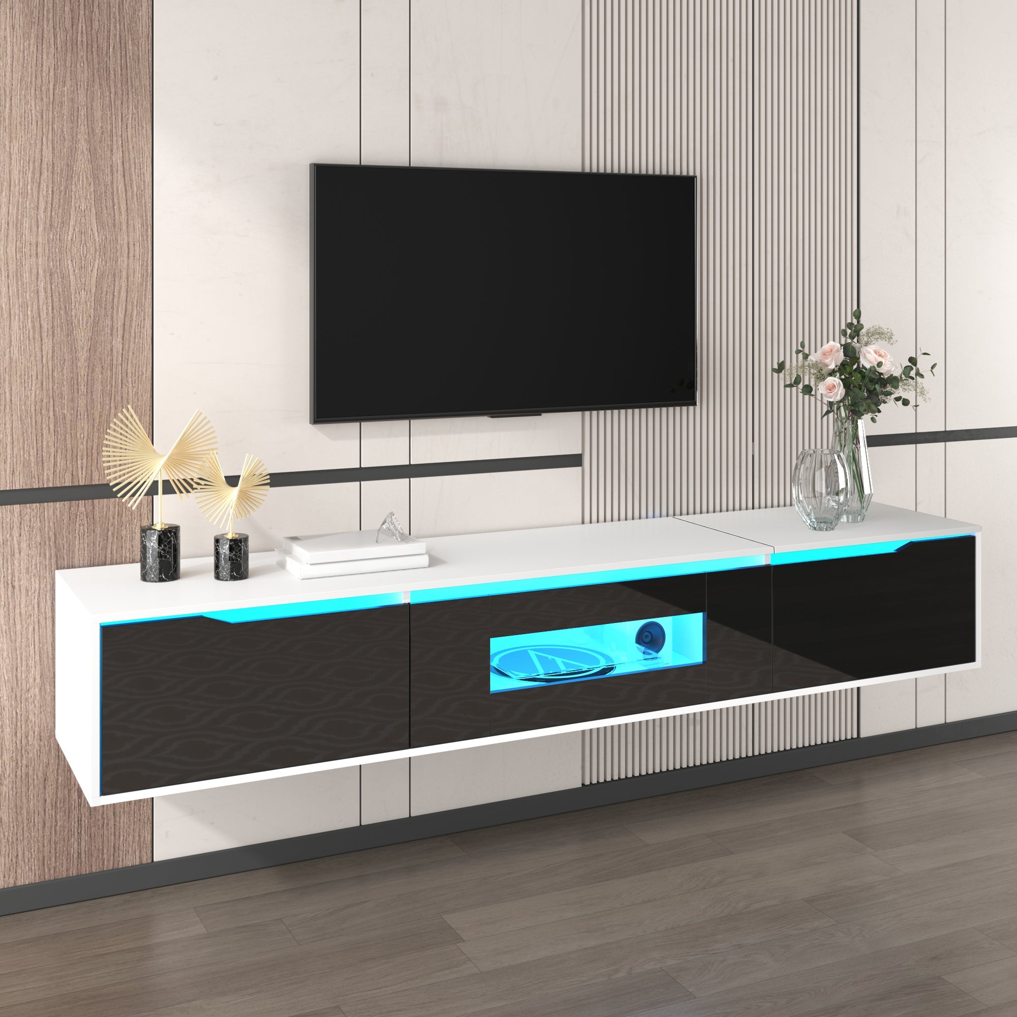 TV Cabinet, high-gloss with LED lighting, black and white