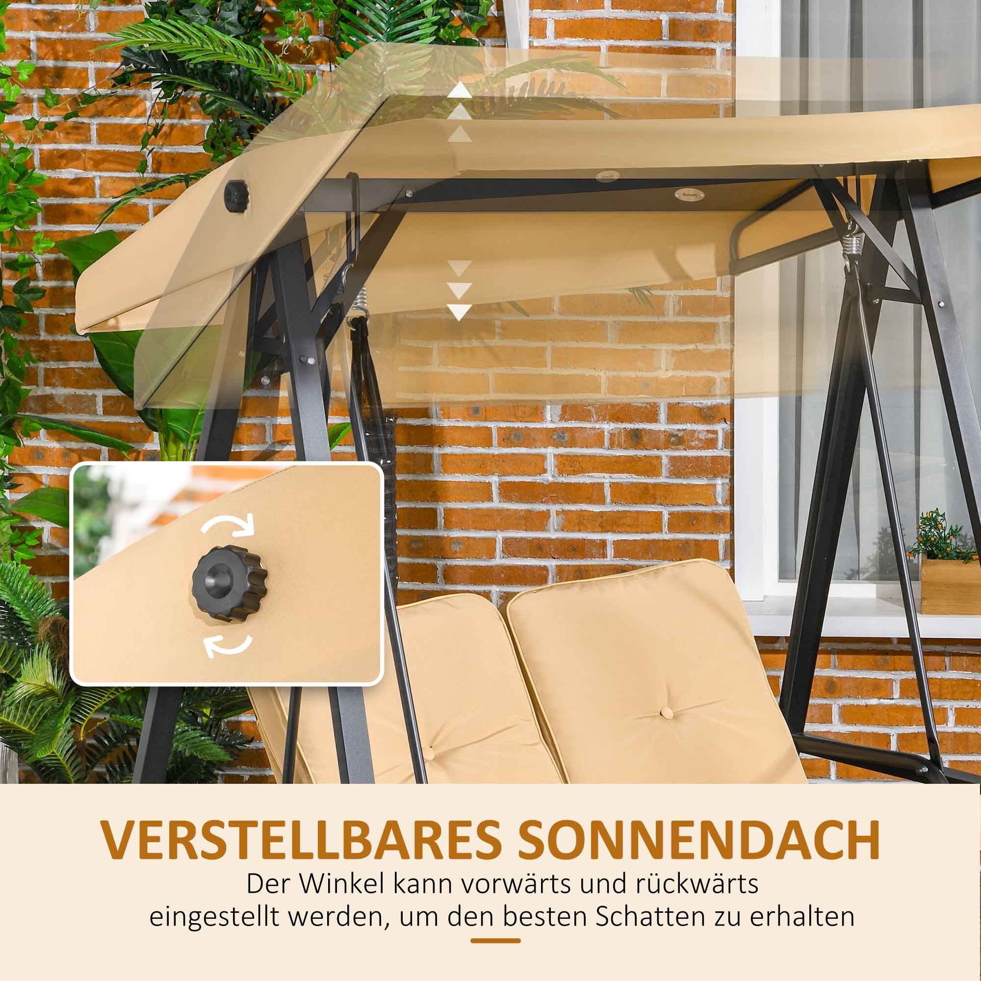 Outsuuny Hollywood Swing 3-Seater Adjustable Sunshade 220kg Load Capacity, Beige