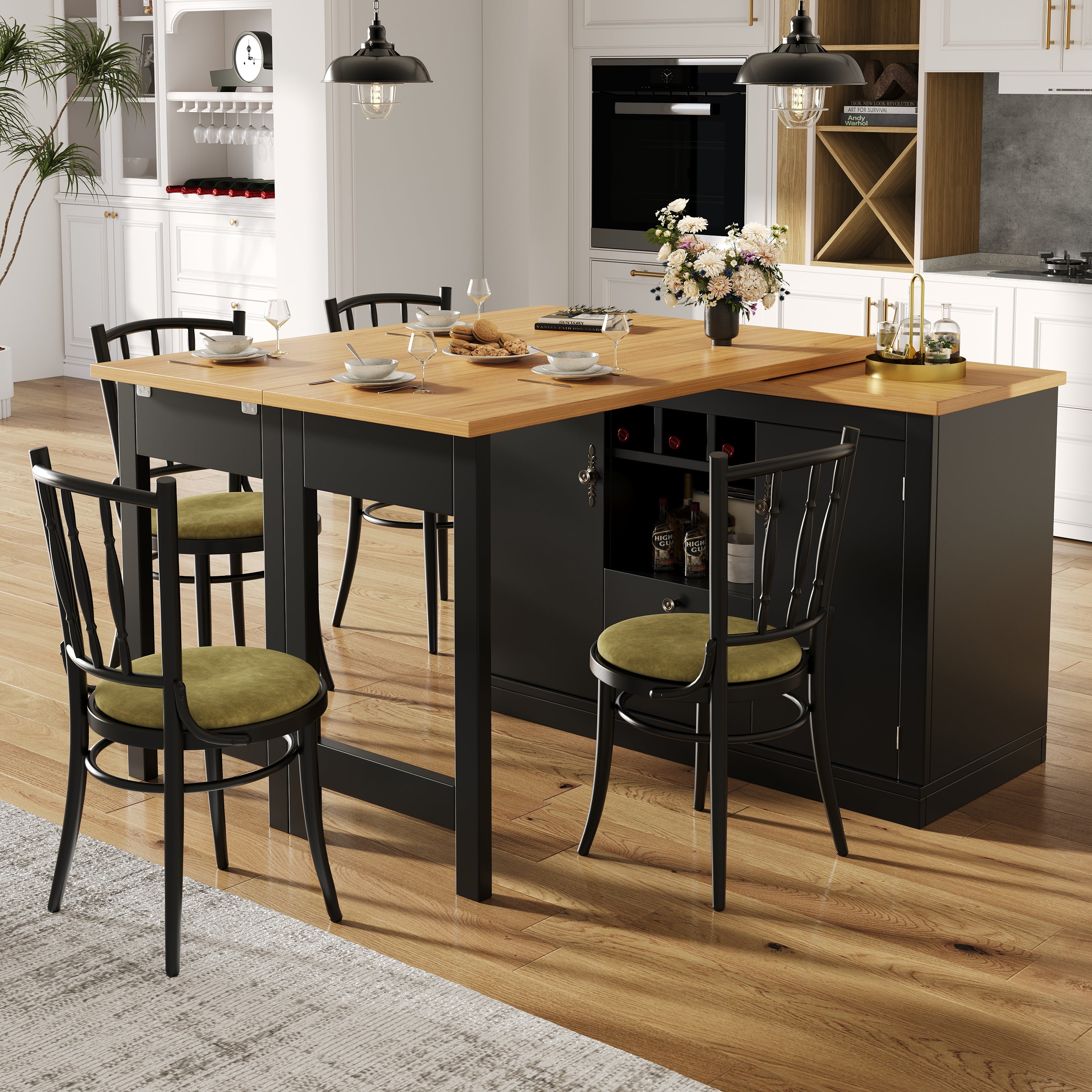 Extendable Bar Table with 360 Swivel Function and Storage Space, 120-180cm, Black